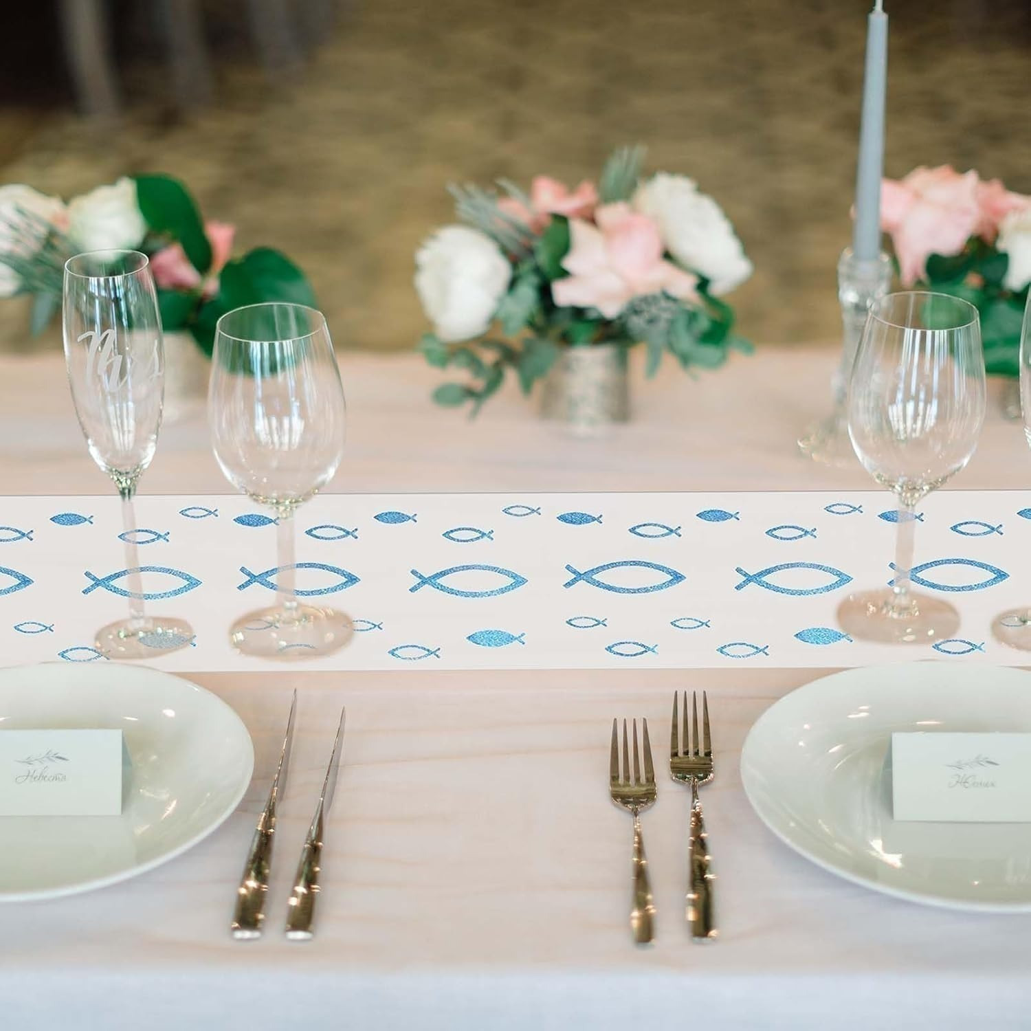 Christening Table Runner,6m X 30cm,with Blue Fish Motif,Festive Table Runner For A Christening Party,Elegant White Mesh Table Runner With Blue Fish,Long Table Decoration For A Christening Celebration — foto 2