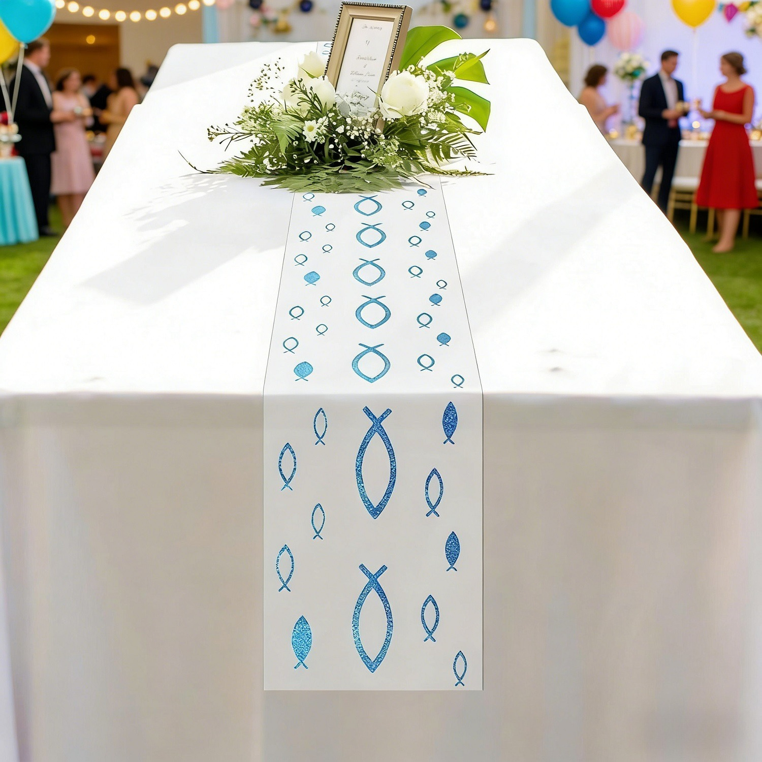 Christening Table Runner,6m X 30cm,with Blue Fish Motif,Festive Table Runner For A Christening Party,Elegant White Mesh Table Runner With Blue Fish,Long Table Decoration For A Christening Celebration — foto 5