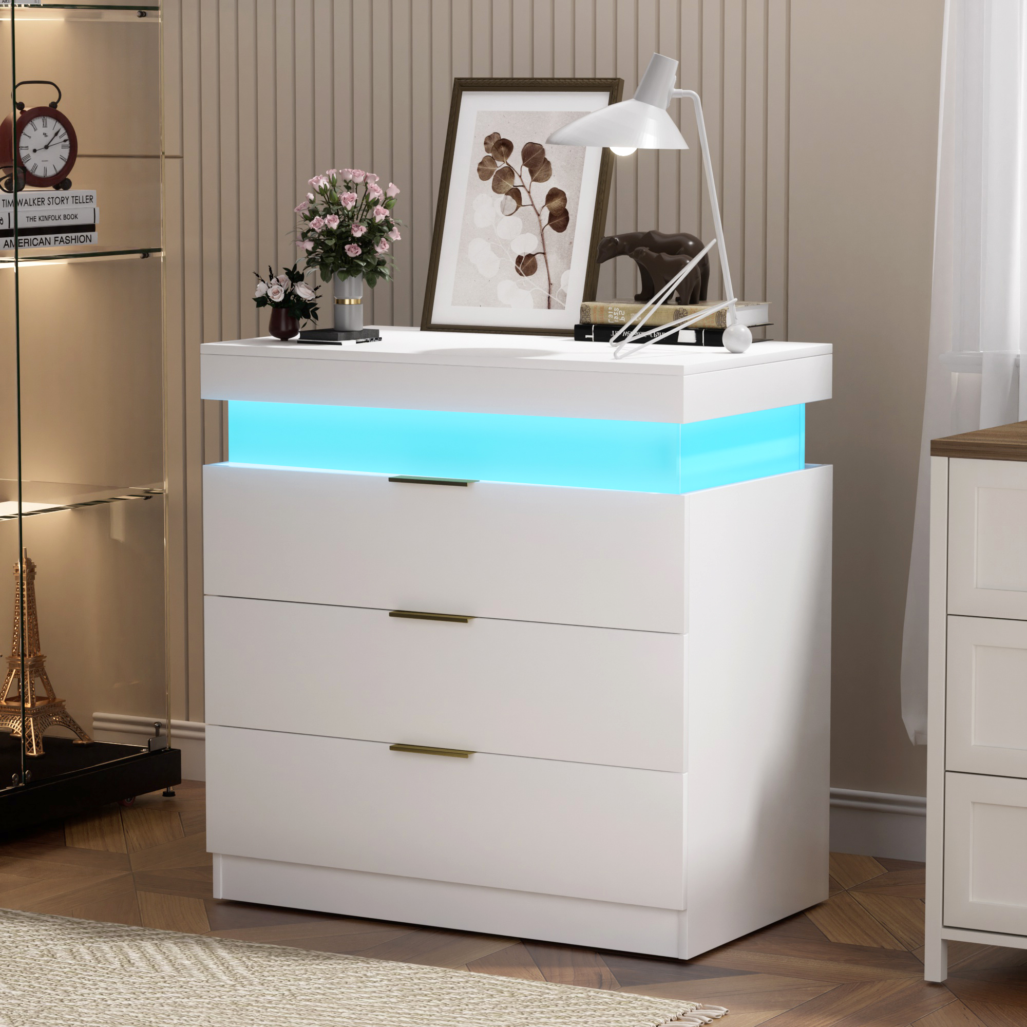 Nightstand With Charging Station And LED Lights,Night Stand With Sliding Top For Bedroom,Bedside Table With Drawers,Modern End Side Table,White.28.8 W X 17 D X 30.5 H. — view 4