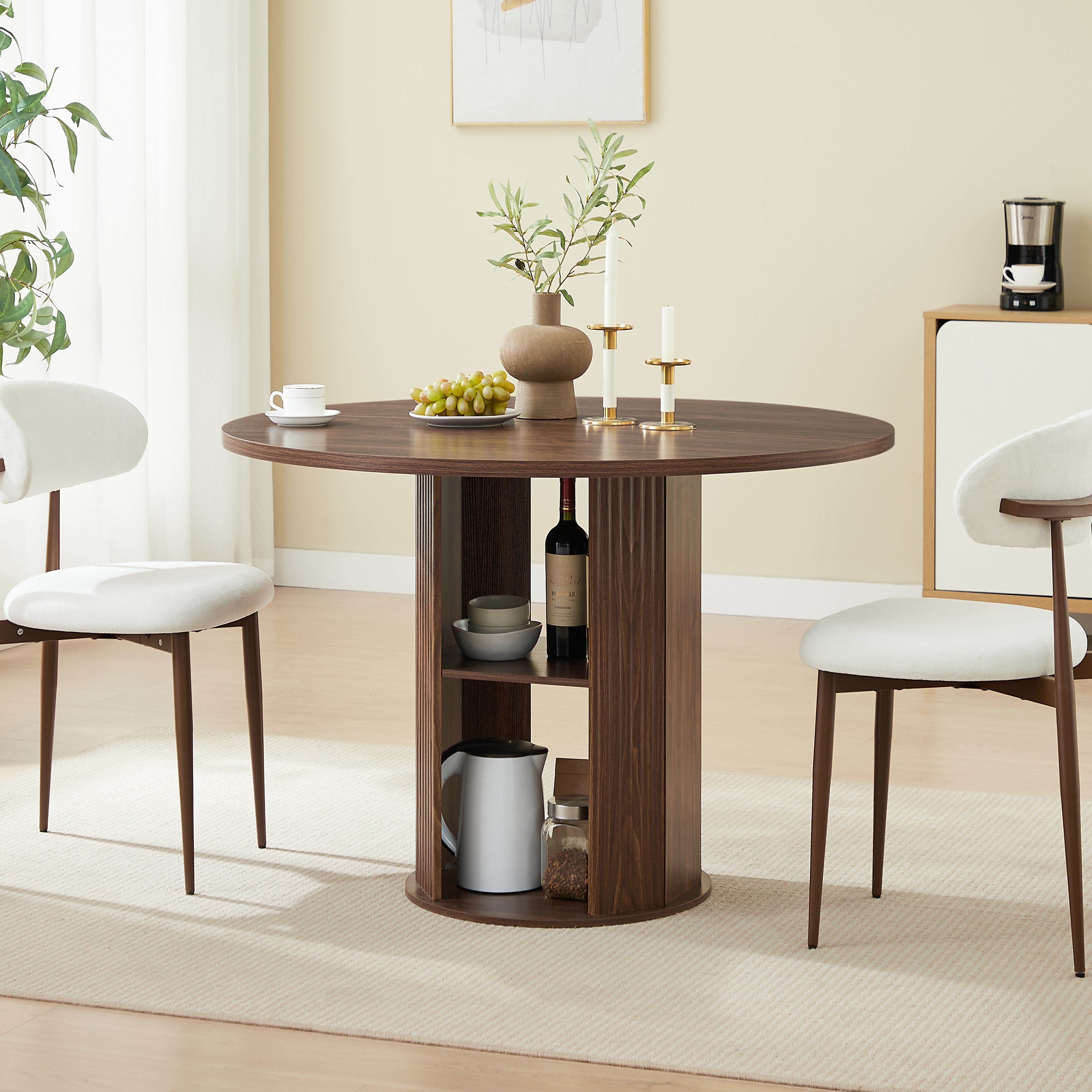47.24 Round Dining Table Serves 2-4 With Two Dining Chairs Blends Modern And Farmhouse Styles, Featuring A Double-tiered Storage Shelf, Suitable For Dining Rooms Or Living Spaces.Walnut — view 3