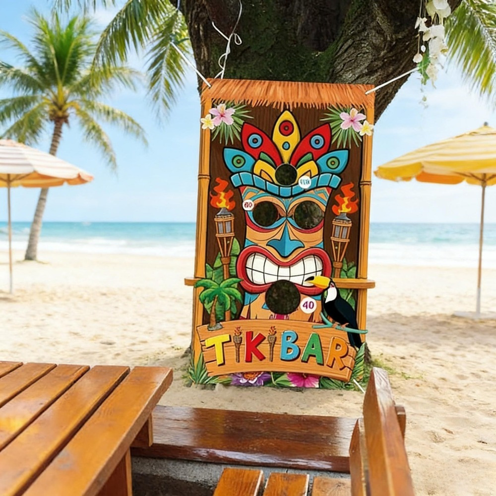 Hawaiian Throwing Game Set With Banner, 3 Sandbags, And Rope—Summer Party Game For Beach And Garden Party Decorations