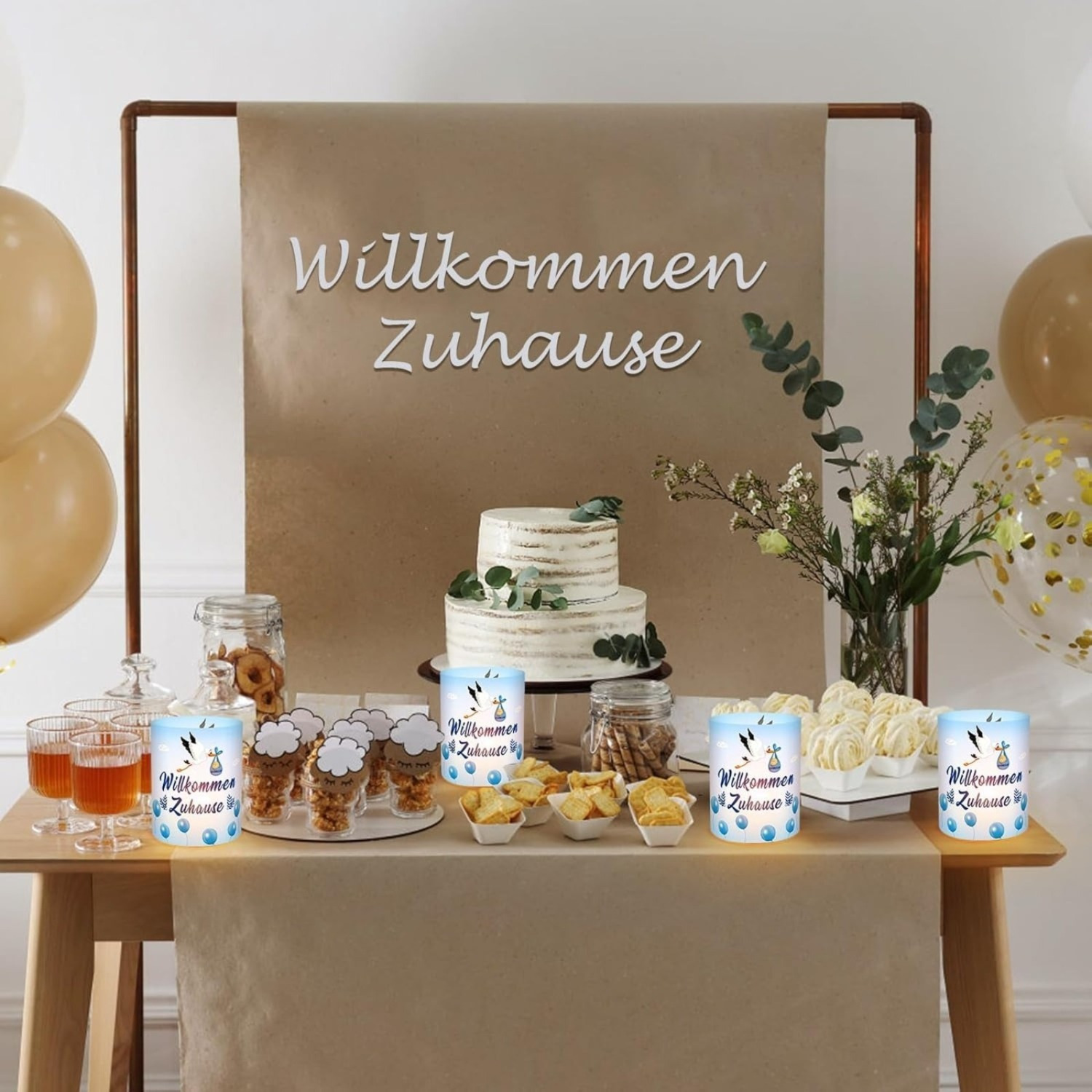 12-Piece “Welcome Home” Lantern Table Decoration Set In Blue, Heartwarming Christening Decor With “Welcome” Lettering, For Christening Celebrations & Welcome Party Decorations