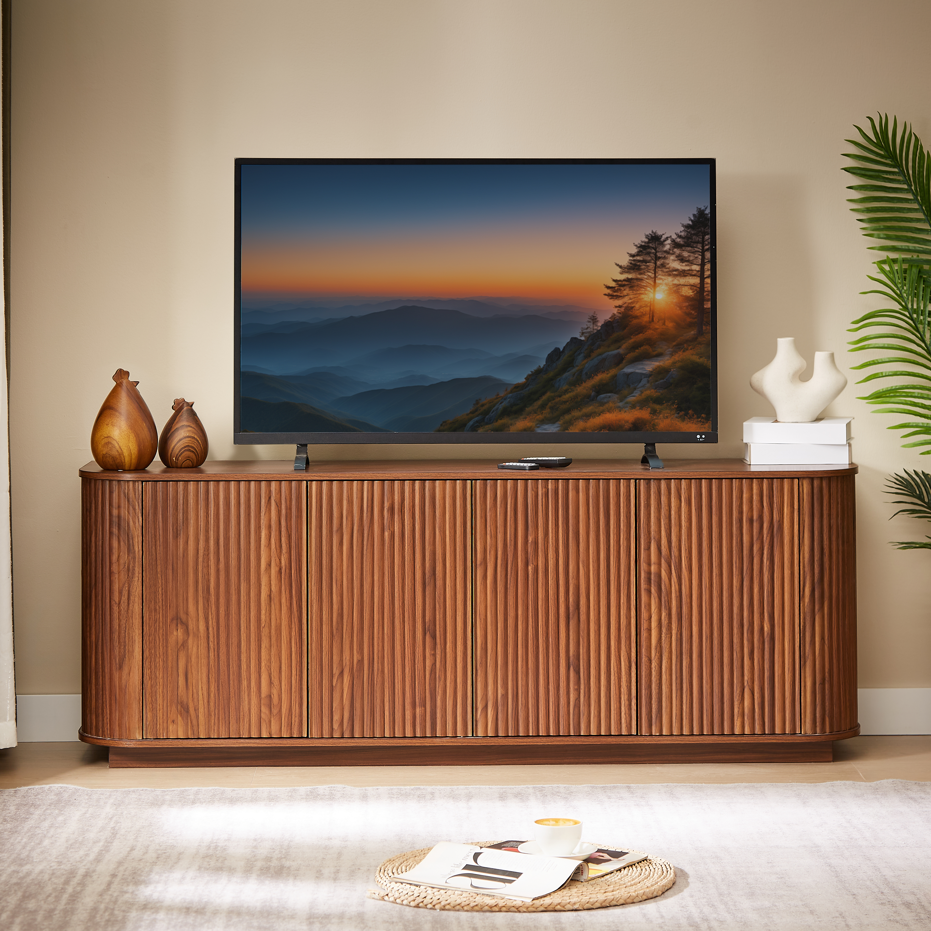 Sideboard Storage Cabinet TV Stand With Wave Pattern Buffet Cabinet Wooden Vertical Striped Cabinet For Kitchen Bedroom Entryway. Walnut, 64 W X 15 D X 24 H. — view 5
