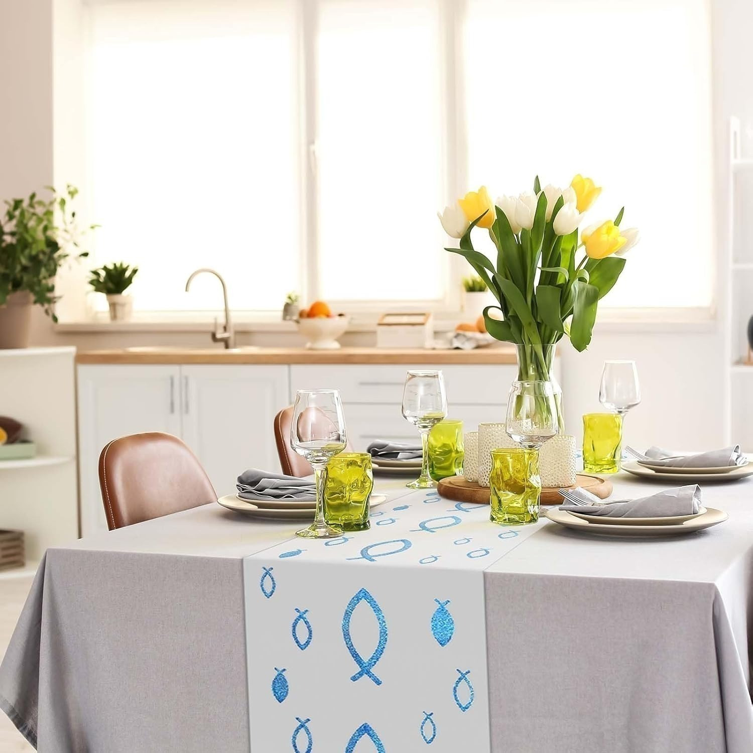 Christening Table Runner,6m X 30cm,with Blue Fish Motif,Festive Table Runner For A Christening Party,Elegant White Mesh Table Runner With Blue Fish,Long Table Decoration For A Christening Celebration — foto 3