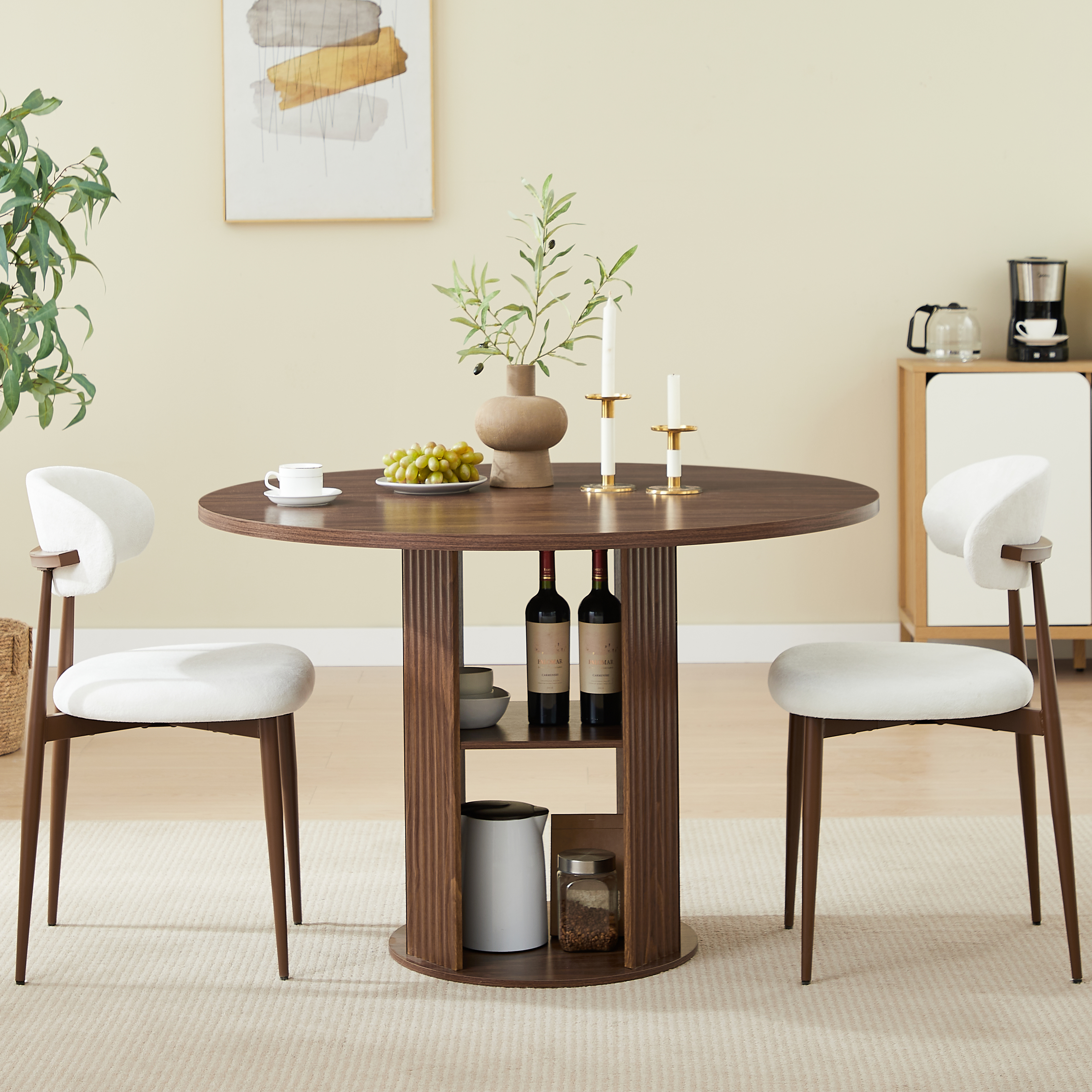 47.24 Round Dining Table Serves 2-4 With Two Dining Chairs Blends Modern And Farmhouse Styles, Featuring A Double-tiered Storage Shelf, Suitable For Dining Rooms Or Living Spaces.Walnut