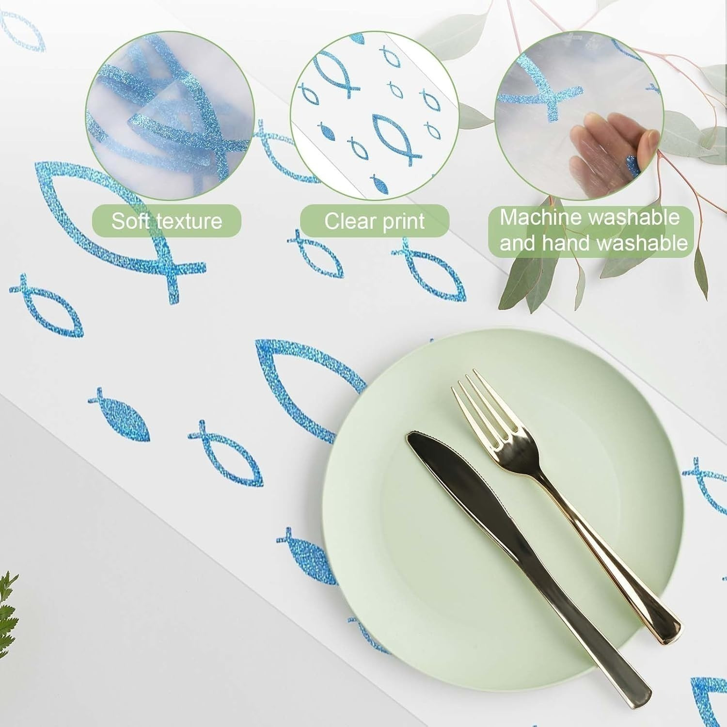 Christening Table Runner,6m X 30cm,with Blue Fish Motif,Festive Table Runner For A Christening Party,Elegant White Mesh Table Runner With Blue Fish,Long Table Decoration For A Christening Celebration