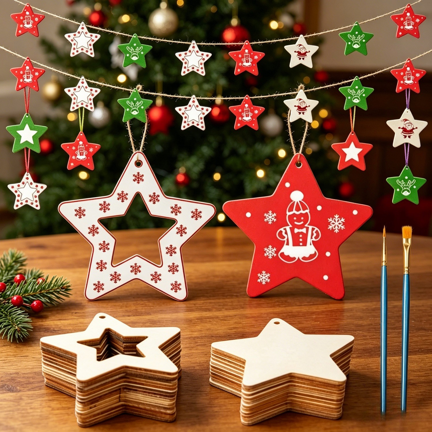 63-Piece DIY Wooden Star Set With 30 Stars, Rhinestones, A Brush, And String For Home Decor And Craft Projects—Party Supplies Set