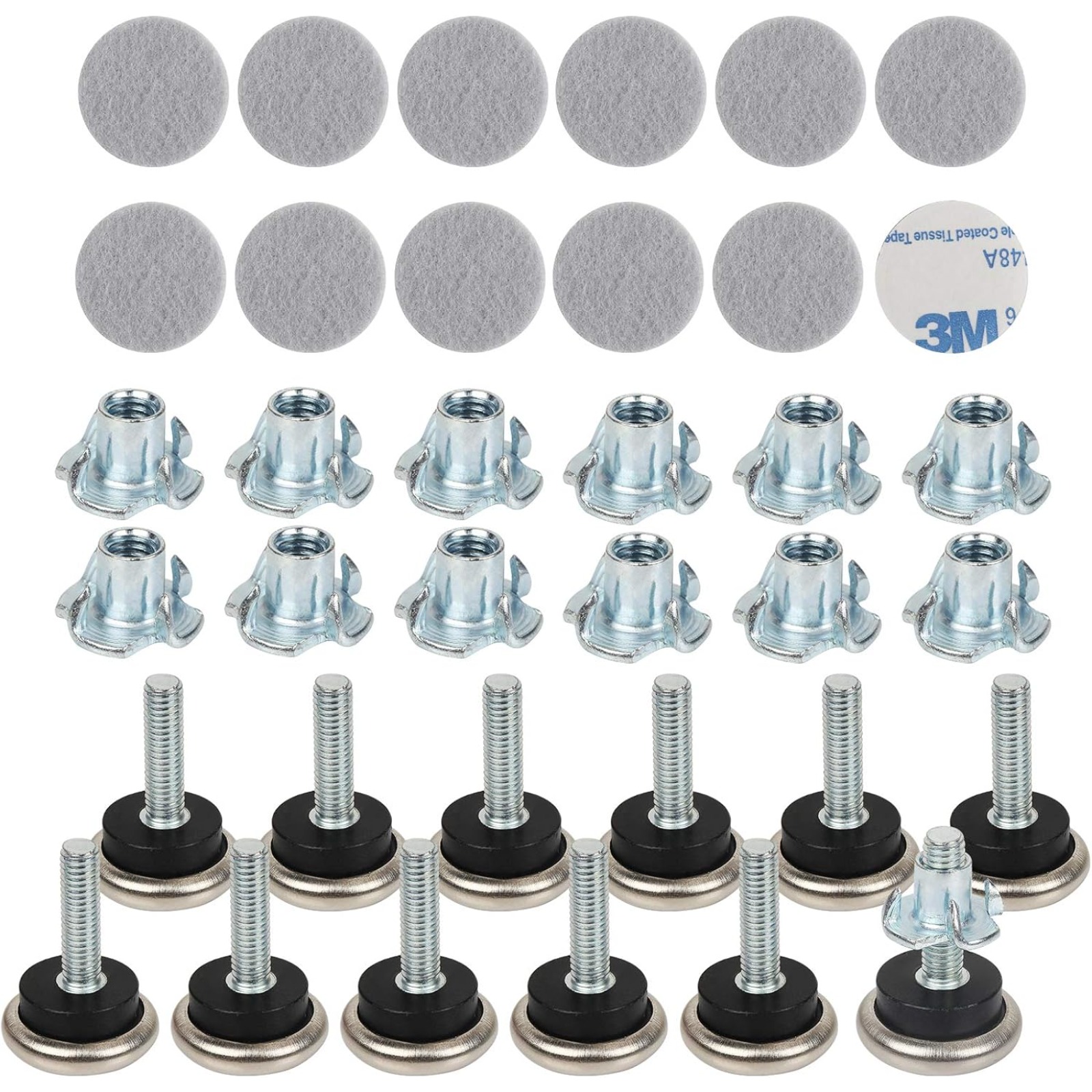 Set Of 12 Height-Adjustable Furniture Feet: 12 Furniture Feet With Drive-In Nuts, 12 Self-Adhesive Felt Pads, M6 X 33 Mm Metal Adjustment Screw, Adjustable Screw For Tables And Chairs