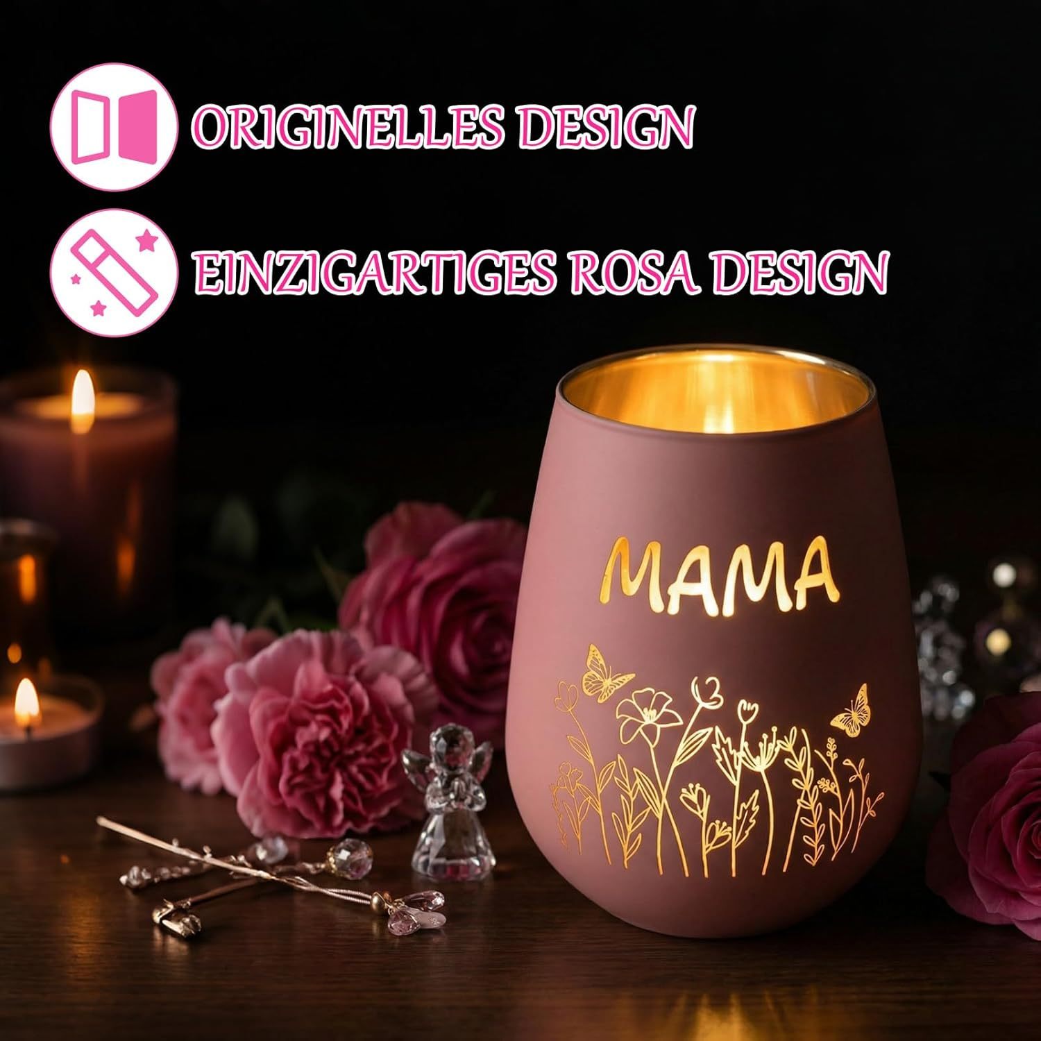 Pink Glass Candle Holder – Lantern-Shaped, With “MAMA” Engraving, As A Gift For Women 5