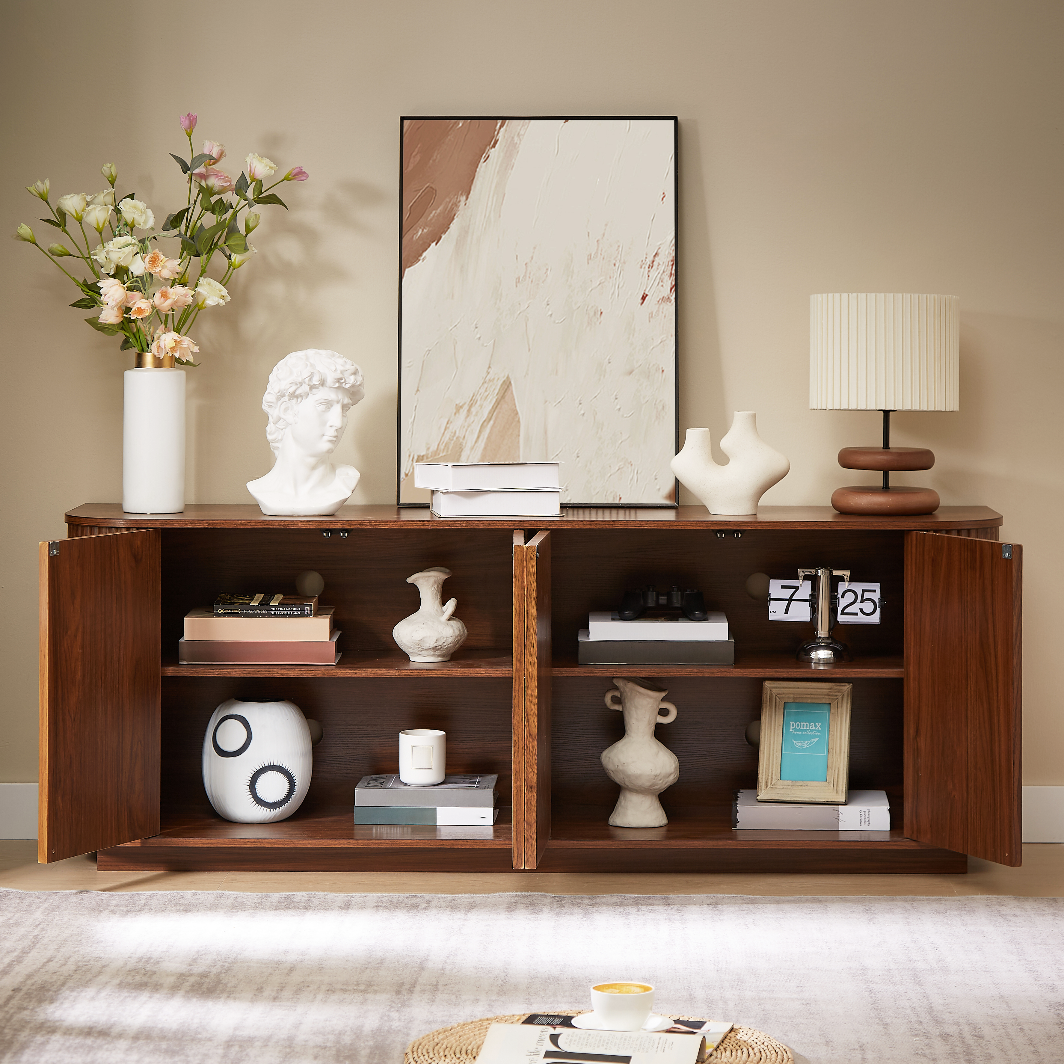Sideboard Storage Cabinet TV Stand With Wave Pattern Buffet Cabinet Wooden Vertical Striped Cabinet For Kitchen Bedroom Entryway. Walnut, 64 W X 15 D X 24 H. — view 4
