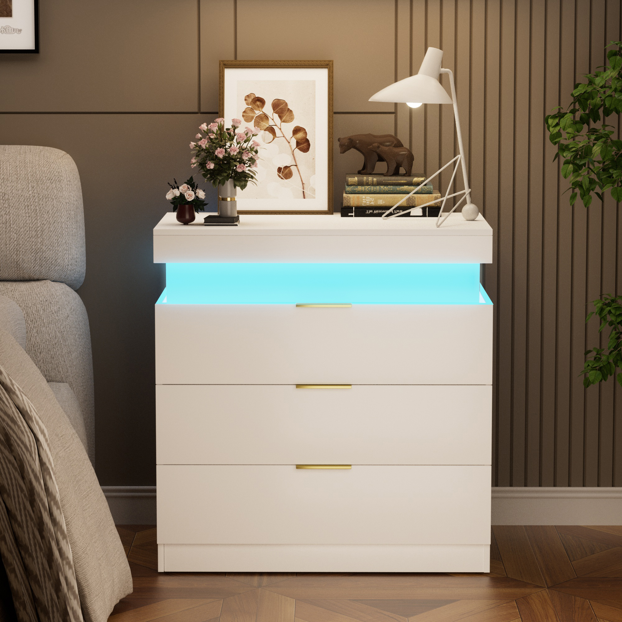 Nightstand With Charging Station And LED Lights,Night Stand With Sliding Top For Bedroom,Bedside Table With Drawers,Modern End Side Table,White.28.8 W X 17 D X 30.5 H.