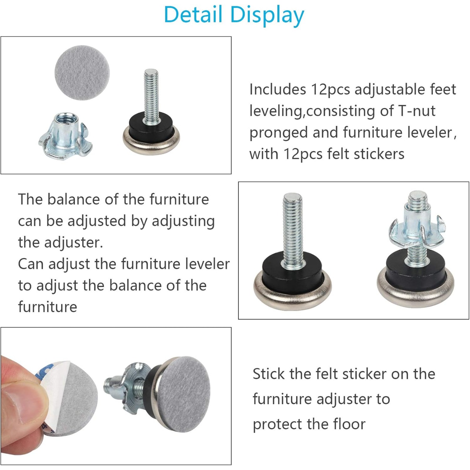 Set Of 12 Height-Adjustable Furniture Feet: 12 Furniture Feet With Drive-In Nuts, 12 Self-Adhesive Felt Pads, M6 X 33 Mm Metal Adjustment Screw, Adjustable Screw For Tables And Chairs — foto 4