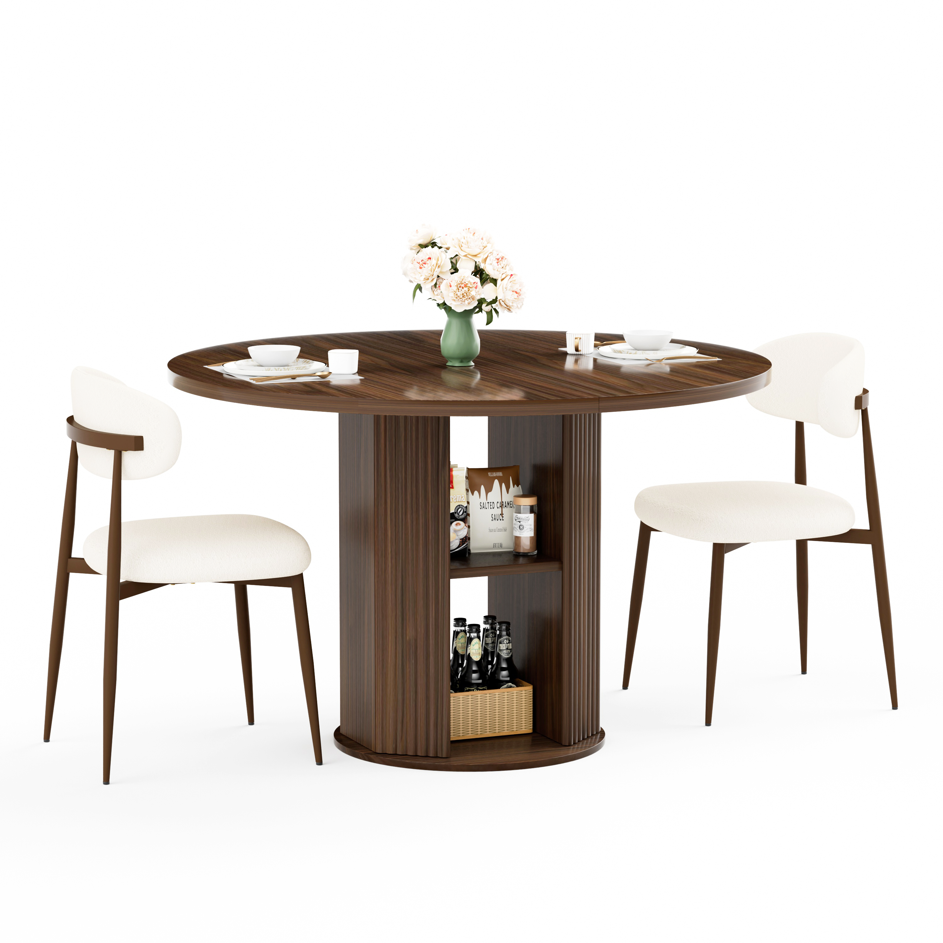 47.24 Round Dining Table Serves 2-4 With Two Dining Chairs Blends Modern And Farmhouse Styles, Featuring A Double-tiered Storage Shelf, Suitable For Dining Rooms Or Living Spaces.Walnut