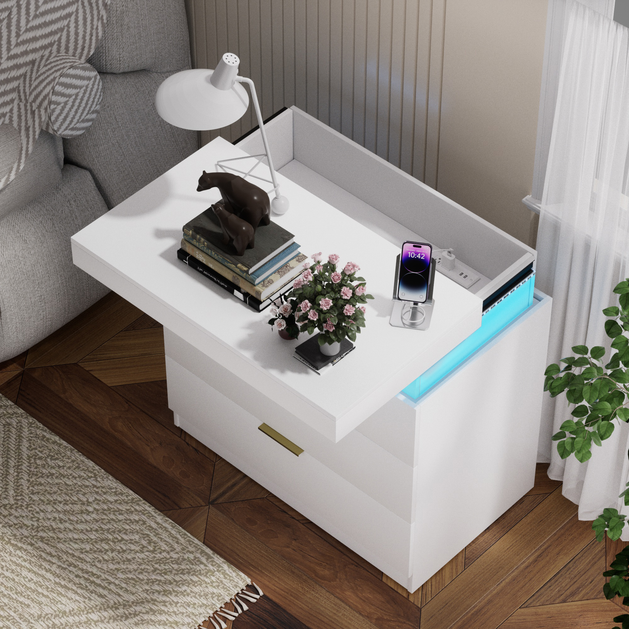 Nightstand With Charging Station And LED Lights,Night Stand With Sliding Top For Bedroom,Bedside Table With Drawers,Modern End Side Table,White.28.8 W X 17 D X 30.5 H. — view 5