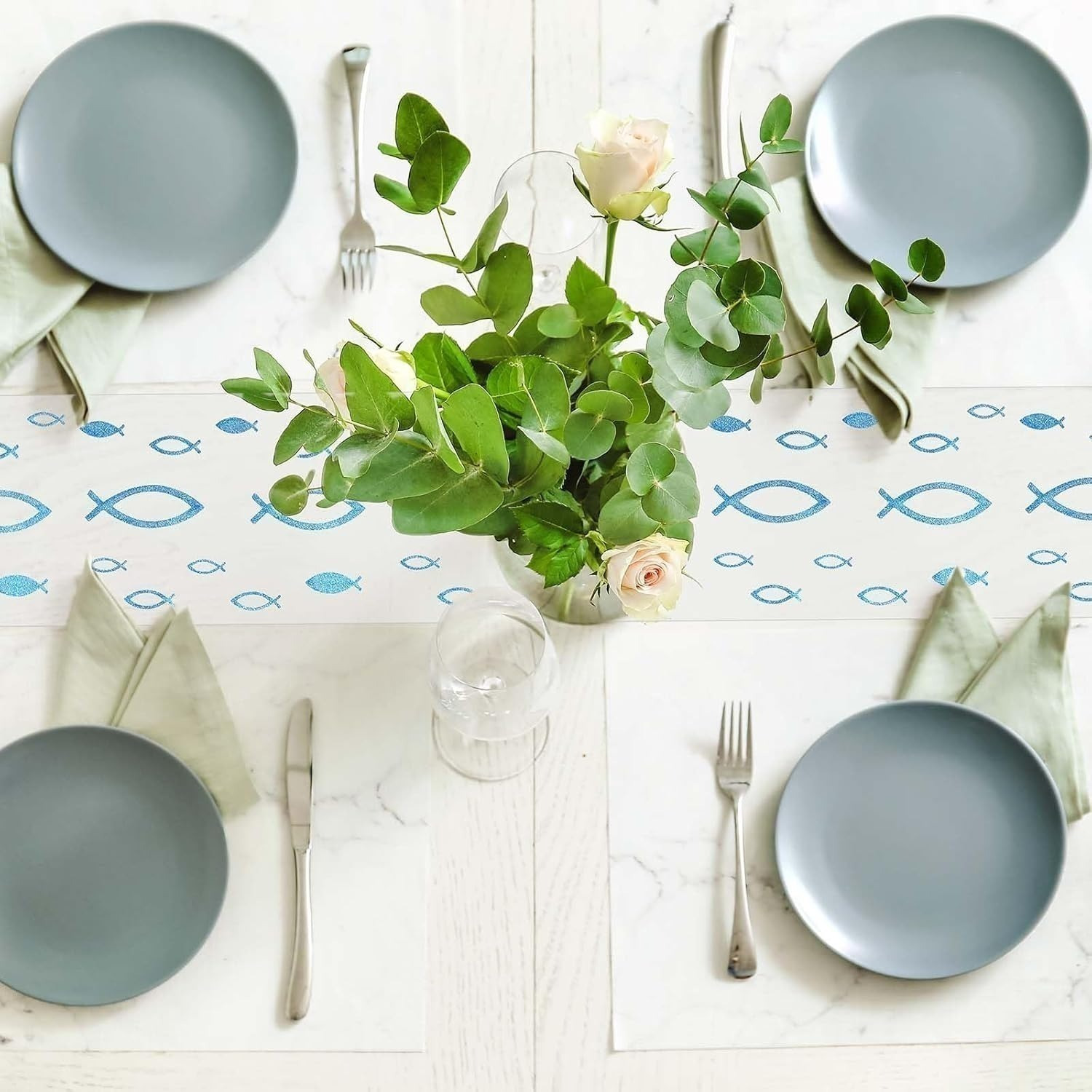 Christening Table Runner,6m X 30cm,with Blue Fish Motif,Festive Table Runner For A Christening Party,Elegant White Mesh Table Runner With Blue Fish,Long Table Decoration For A Christening Celebration — foto 4