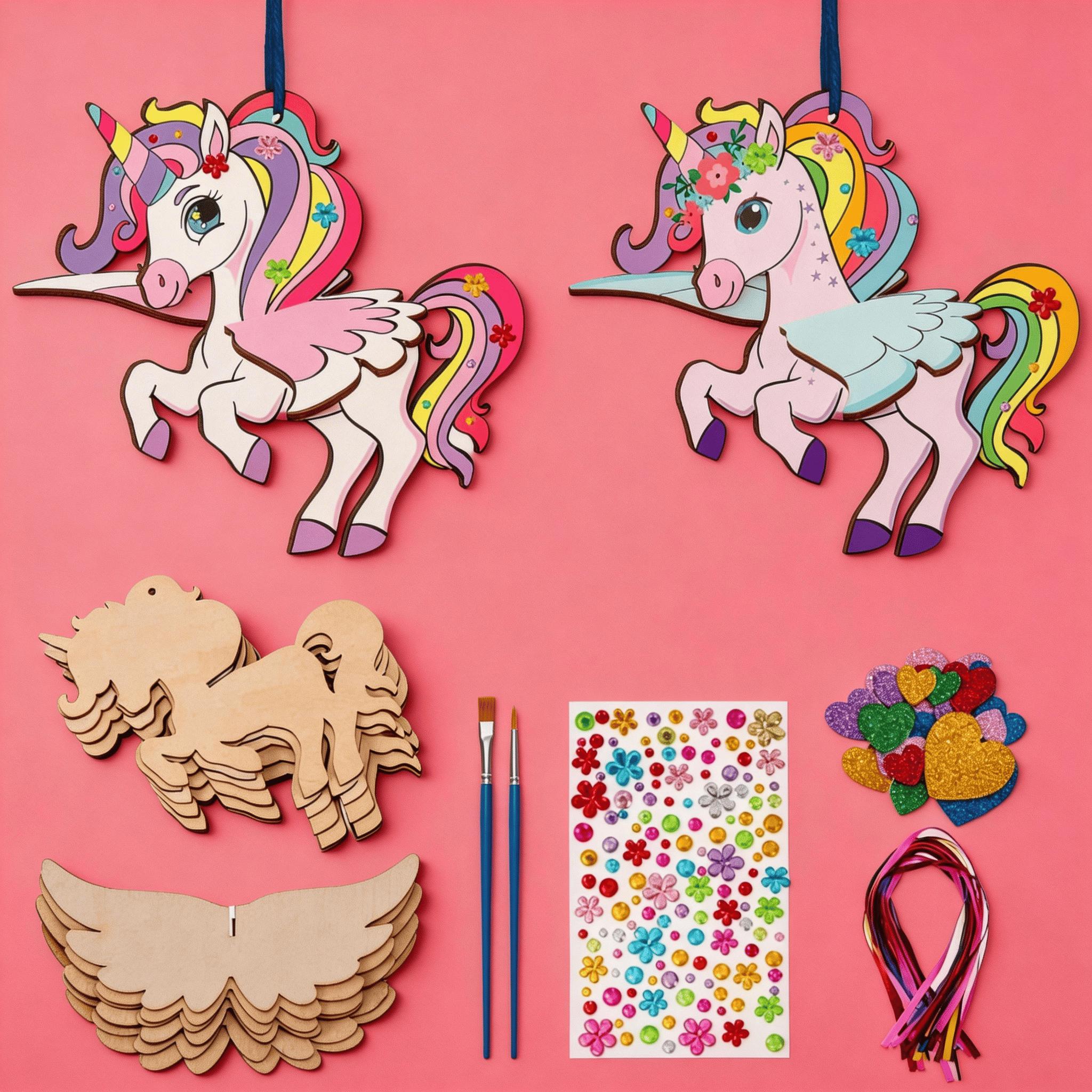 Unicorn Wood Craft Kit, 8 Wooden Unicorn Pieces With Paintbrushes, 20 Colorful Strings, 20 Foam Stickers, For Creative Group Projects And Party Decora