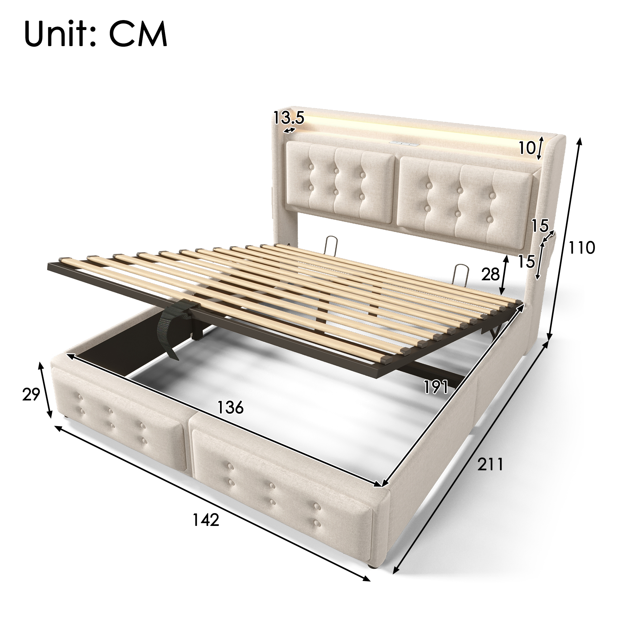 Upholstered Double Bed, 4FT6 Hydraulic With LED Lighting, USB Type-C Charging — image 2