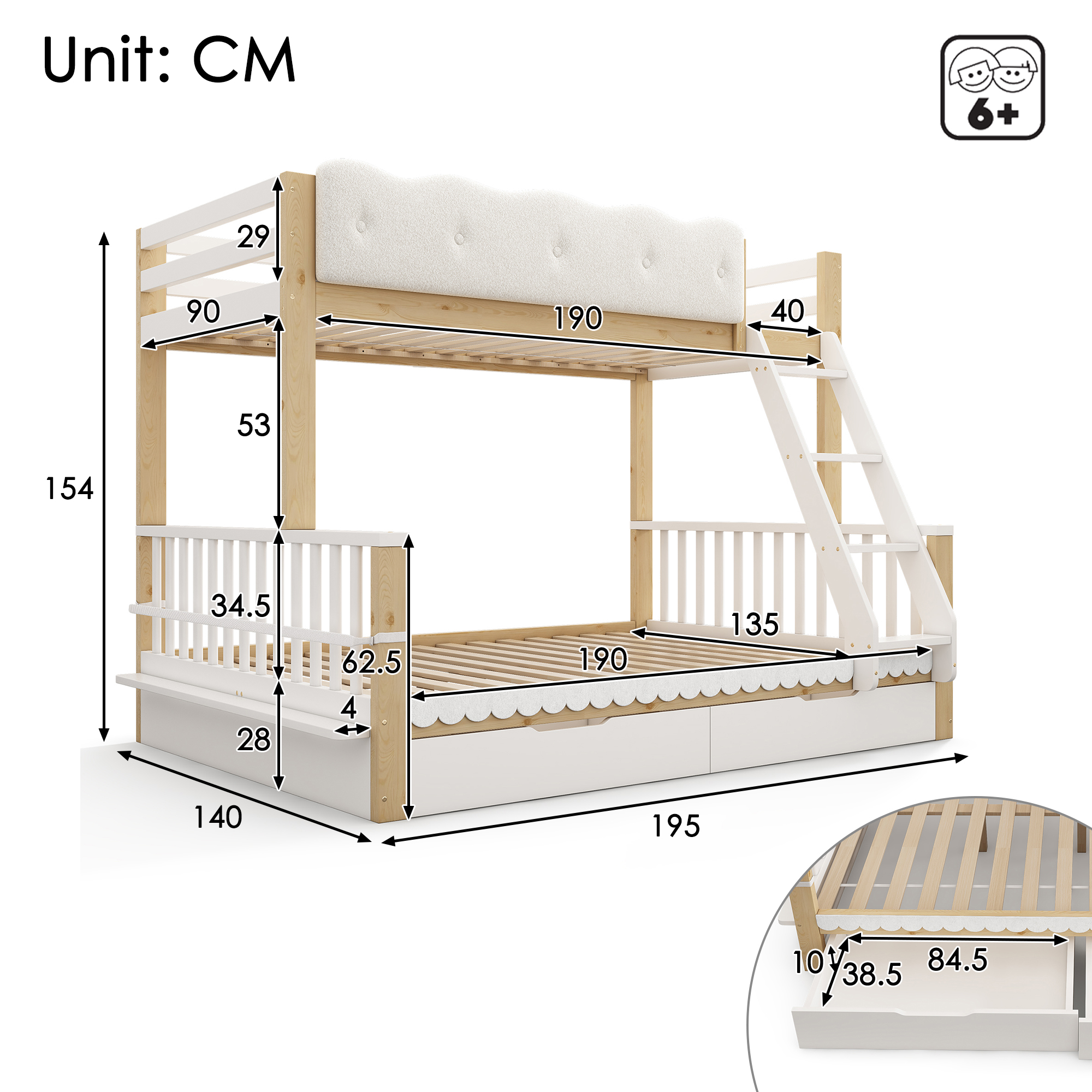 Bunk Beds For Kids, Children's Bed With Drawers And Side Bookshelf, Double — image 3