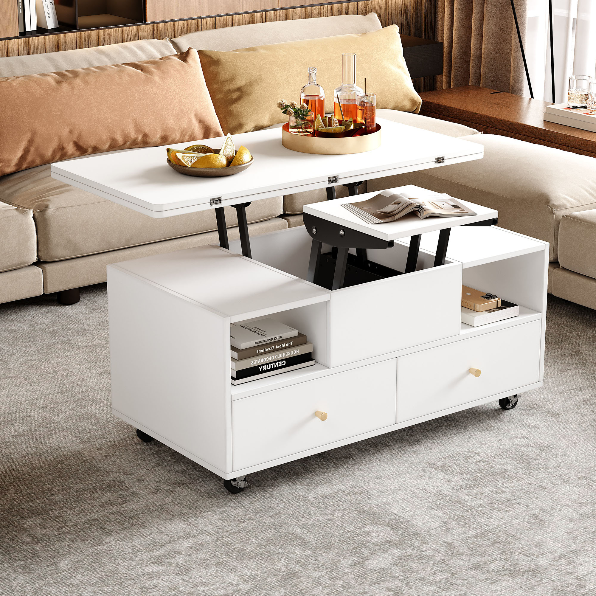 Lift-Top Coffee Table With Wheels, Centre 4 Drawers 2 Lifting Platforms — image 4