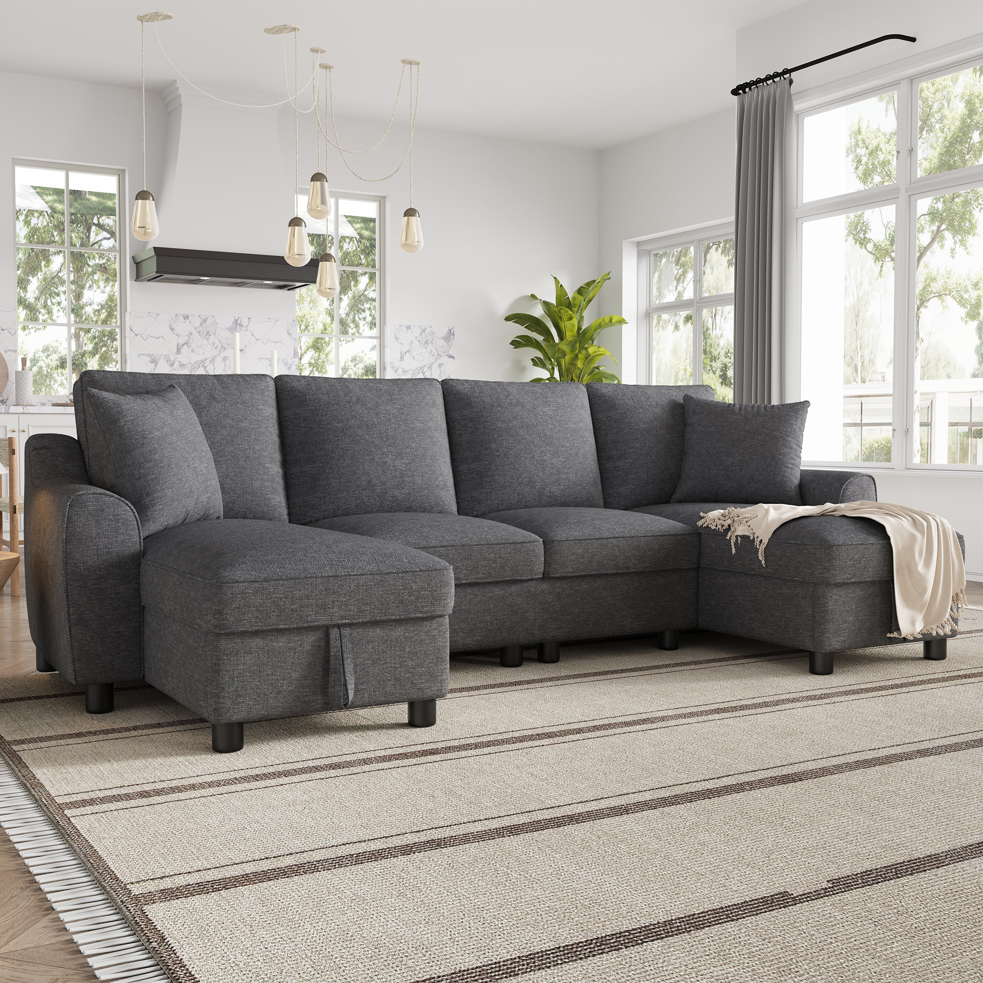 Modern Luxury Chenille U-Shaped Sectional Sofa With 2 Storage Chaise Lounges, 2 Square Cushions, Comfy Couch For Living Room, Grey, 272 X 131.5 X 84 Cm
