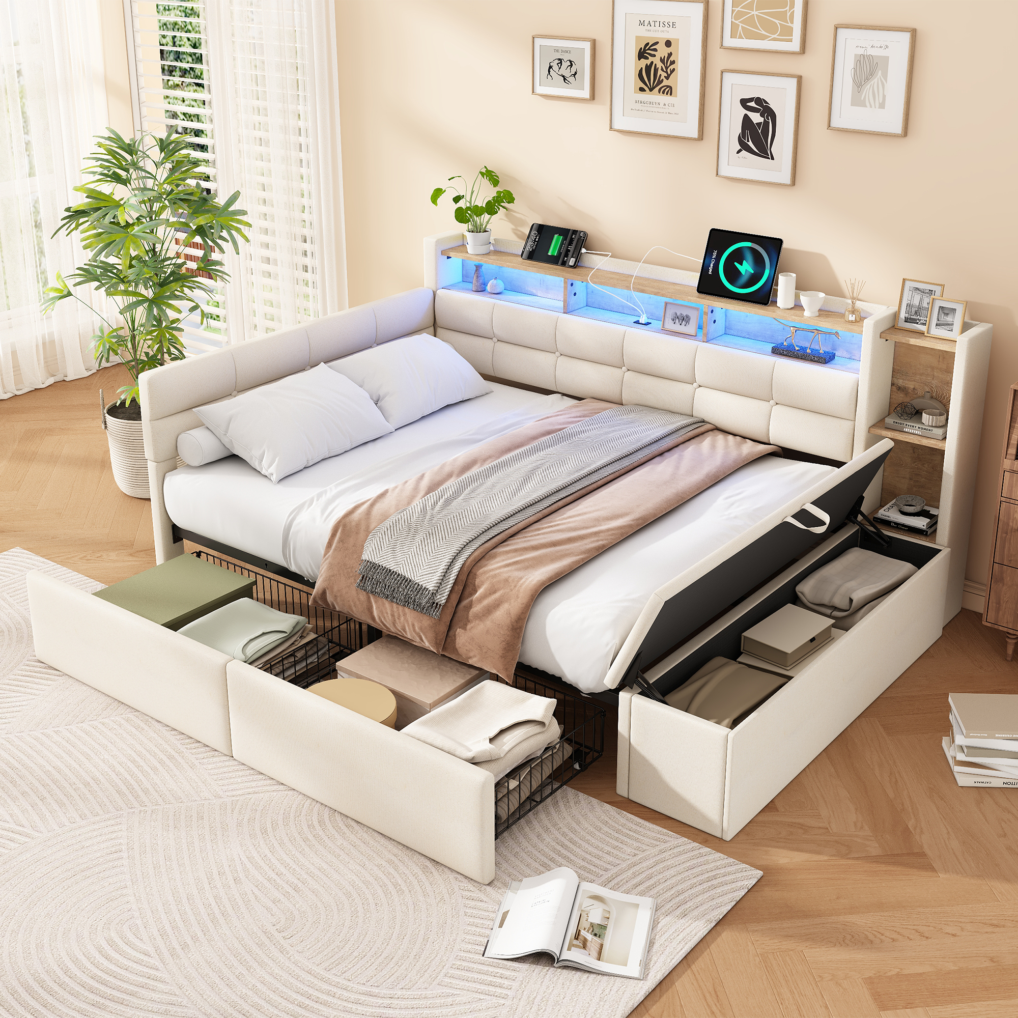 Upholstered Bed, 4ft6 Double Bed 135x190cm, With Side Rails On The Bed, With Two Comfortable Headboards, With LED Strip, USB And Type - C Ports, With Storage Areas And Storage Drawers, Linen   Plywood