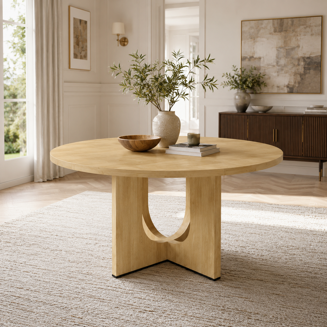 47 Round Dining Table For 4-6, 120 X Cm Farmhouse Wood Kitchen Home Room Living — image 2