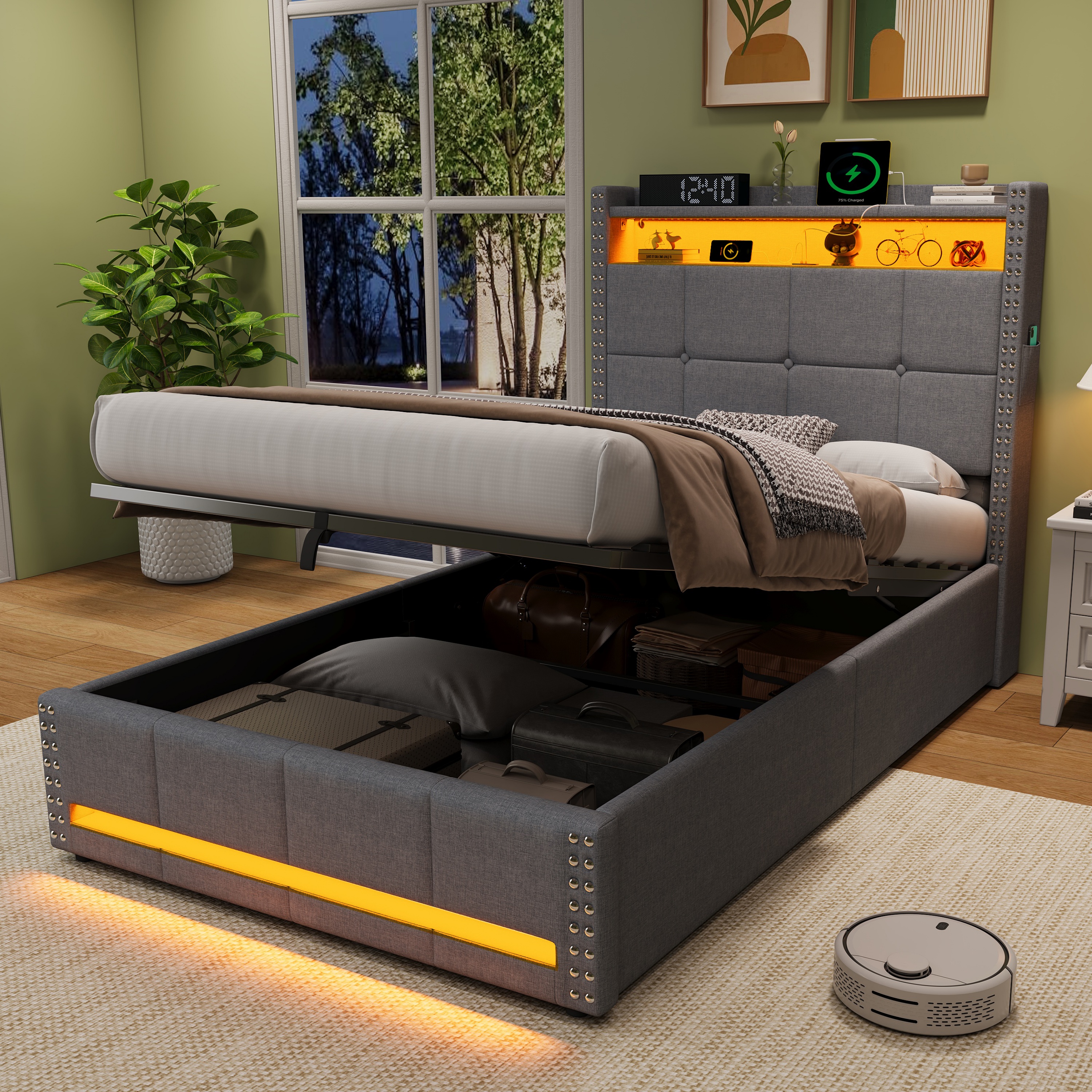 3ft Single Upholstered Bed With Hydraulic Storage, LED Rivet Charging Station — image 4