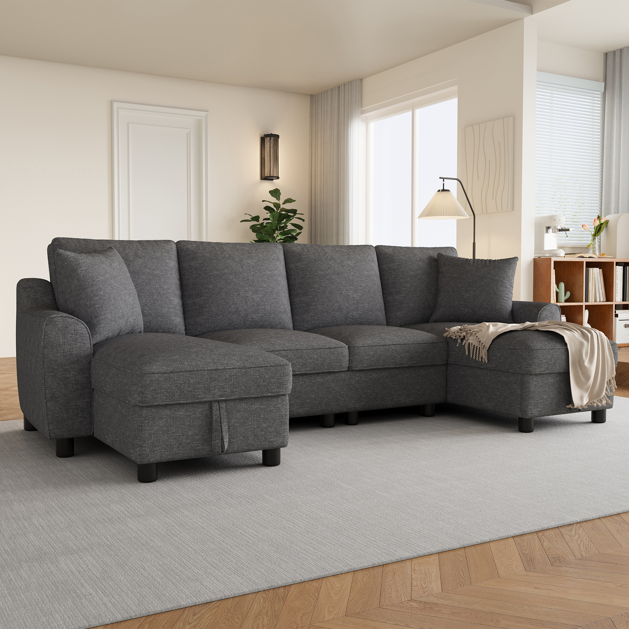 Modern Luxury Chenille U-Shaped Sectional Sofa With 2 Storage Chaise Lounges, 2 Square Cushions, Comfy Couch For Living Room, Grey, 272 X 131.5 X 84 Cm — foto 2