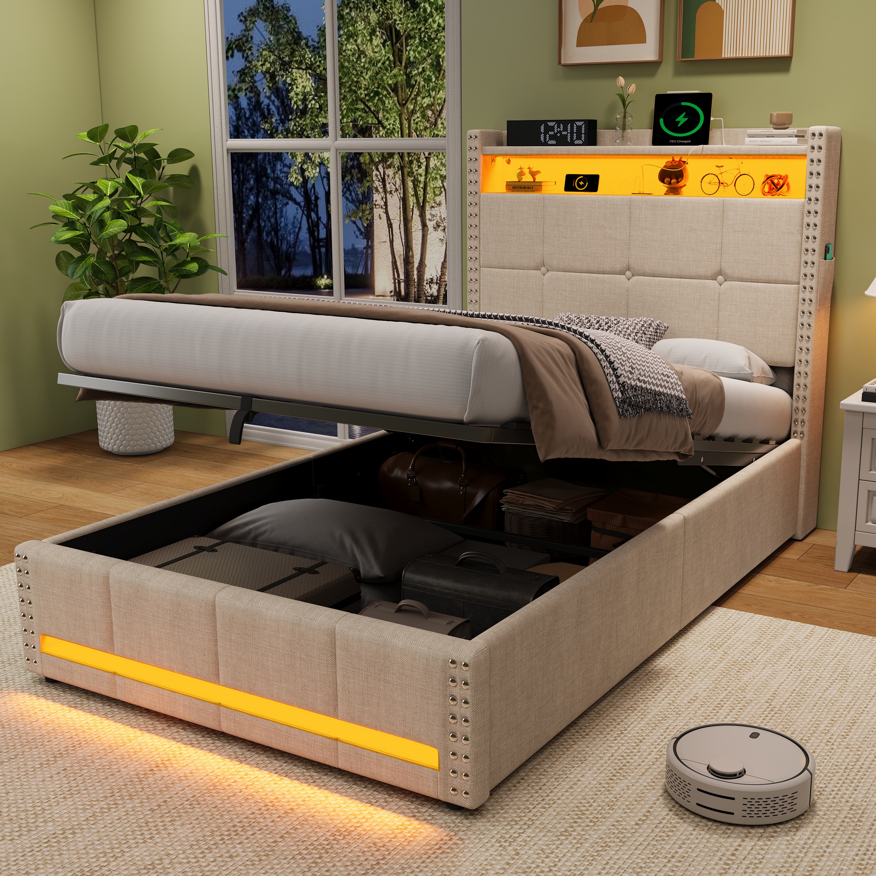 3ft Single Upholstered Bed With Hydraulic Storage, LED Rivet Charging Station — image 4