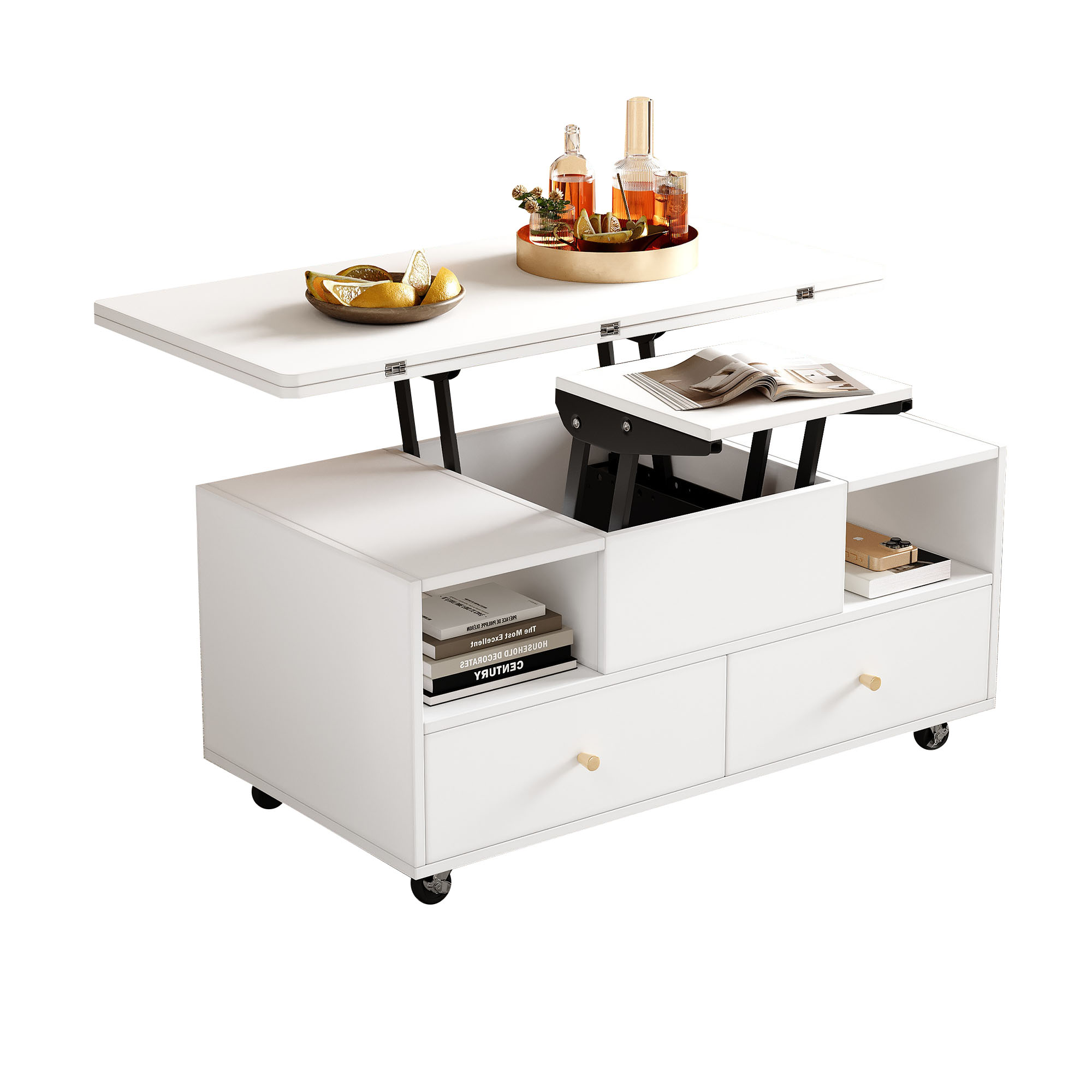 Lift-Top Coffee Table With Wheels, Centre 4 Drawers 2 Lifting Platforms — image 2