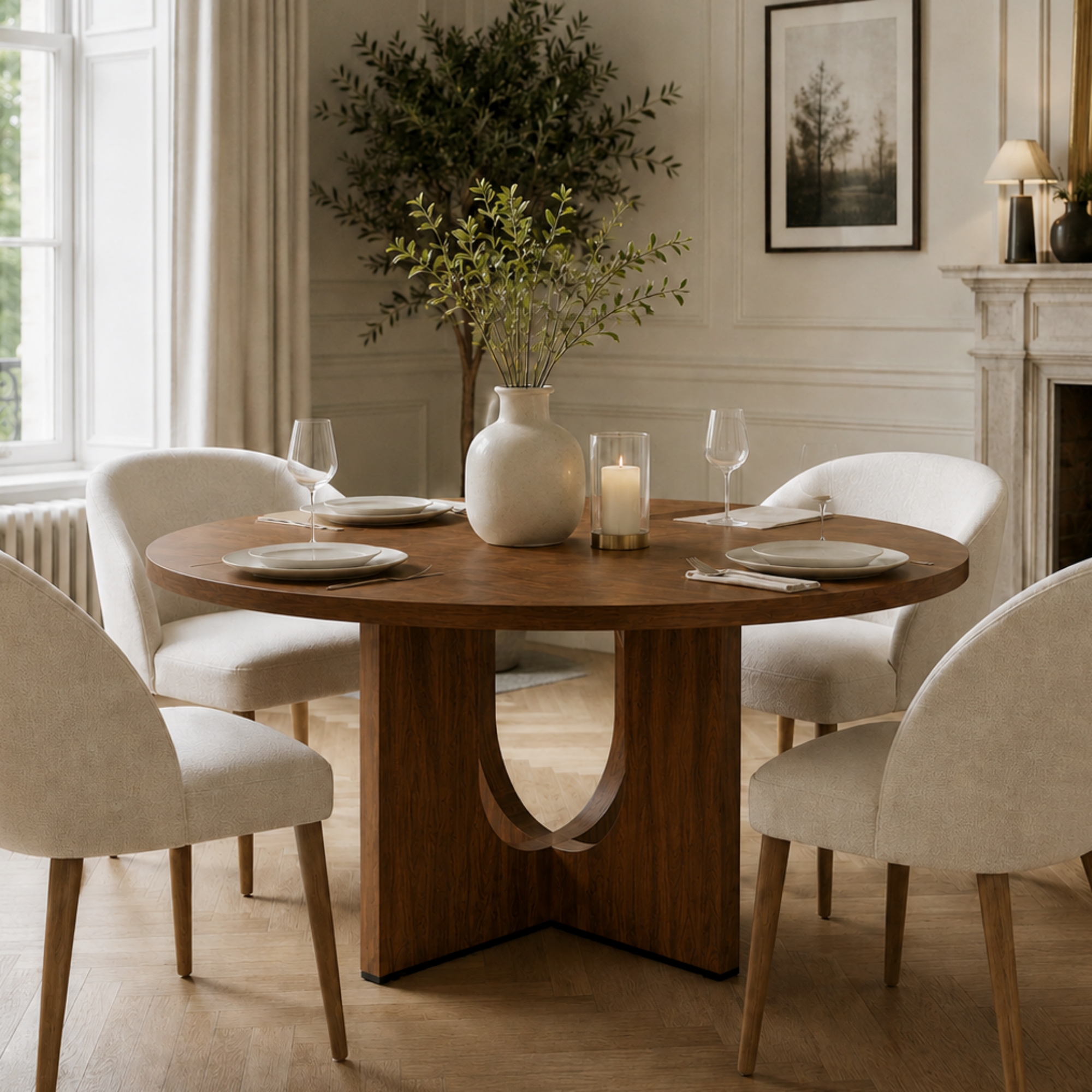 47 Round Dining Table For 4-6, 120 X Cm Farmhouse Wood Kitchen Home Room Living — image 3