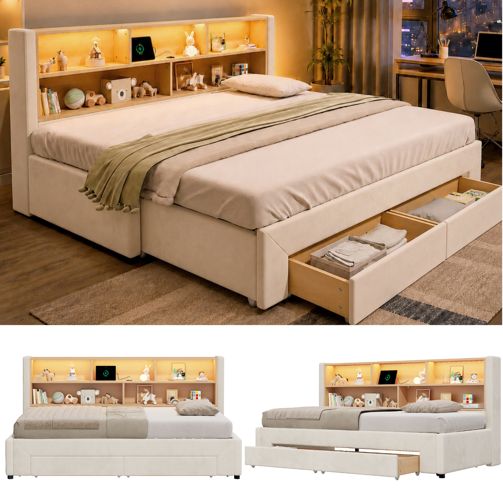 3FT Single Extendable Sofa Bed Frame 90 X 190 Cm, Convertible Pull-Out Guest Bed Extends To 180 Cm,  Daybed With LED Storage And Charging Headboard & 2 Underbed Drawers, Beige, Velvet