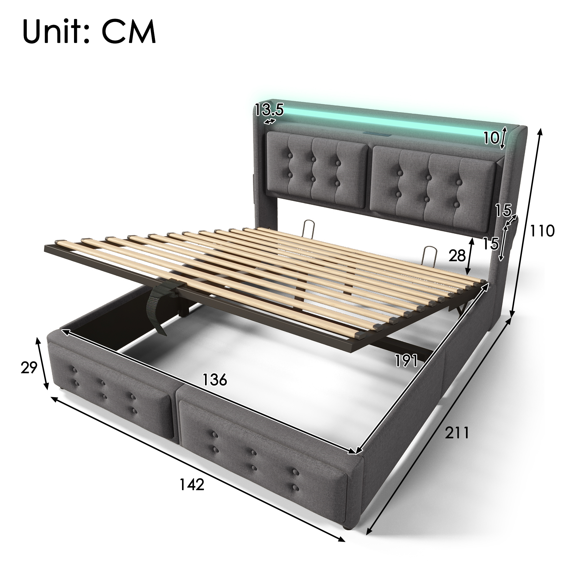 Upholstered Double Bed, 4FT6 Hydraulic With LED Lighting, USB Type-C Charging — image 4