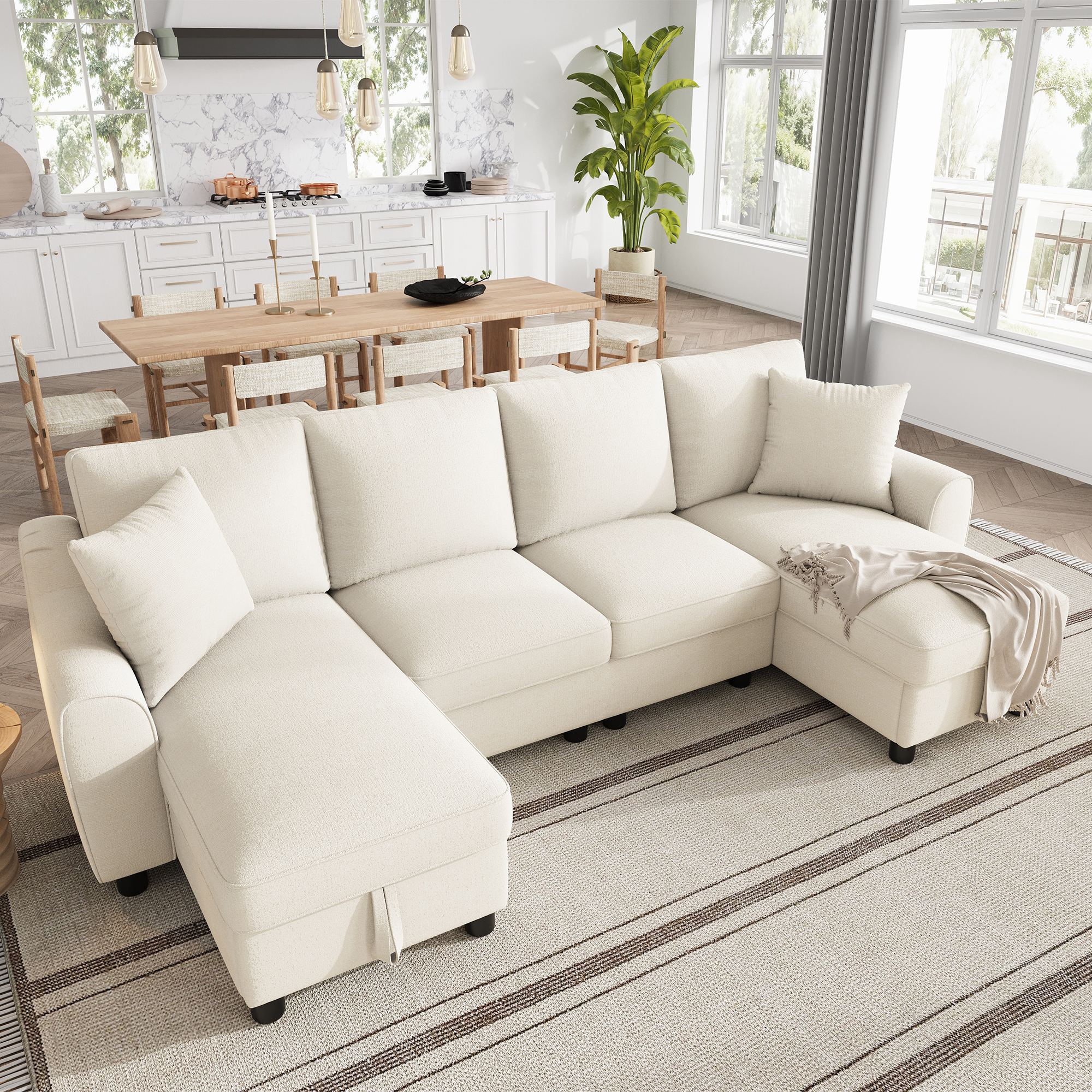 Modern Luxury Chenille U-Shaped Sectional Sofa With 2 Storage Chaise Lounges, 2 Square Cushions, Comfy Couch For Living Room, Beige, 272 X 131.5 X 84 Cm — foto 2