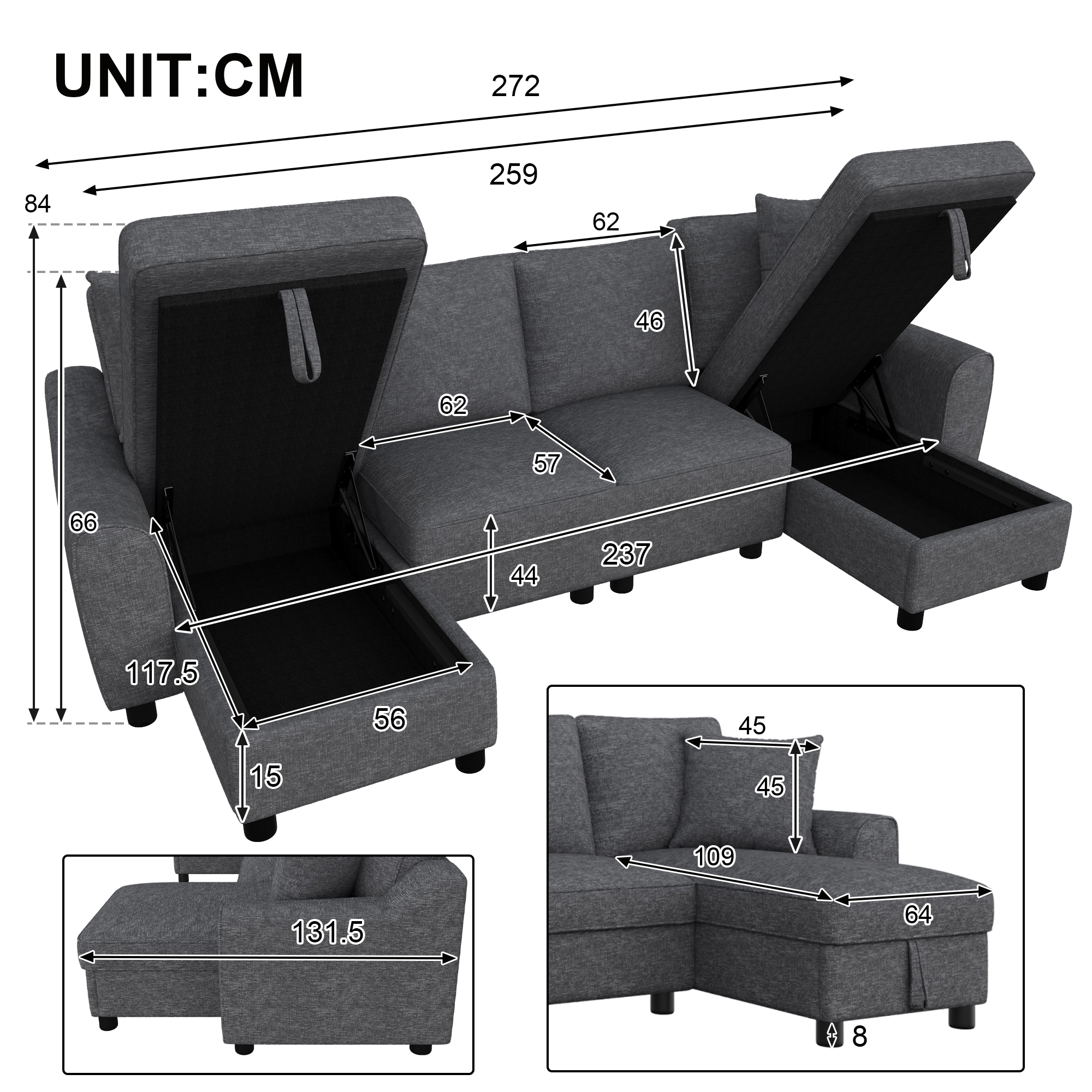 Modern Luxury Chenille U-Shaped Sectional Sofa With 2 Storage Chaise Lounges, 2 Square Cushions, Comfy Couch For Living Room, Grey, 272 X 131.5 X 84 Cm — foto 4