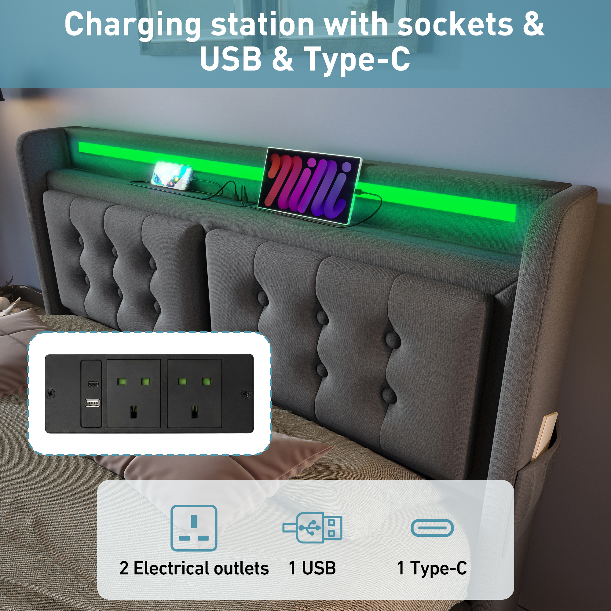Upholstered King Bed, 5FT Hydraulic With LED Lighting, USB Type-C Charging — image 4