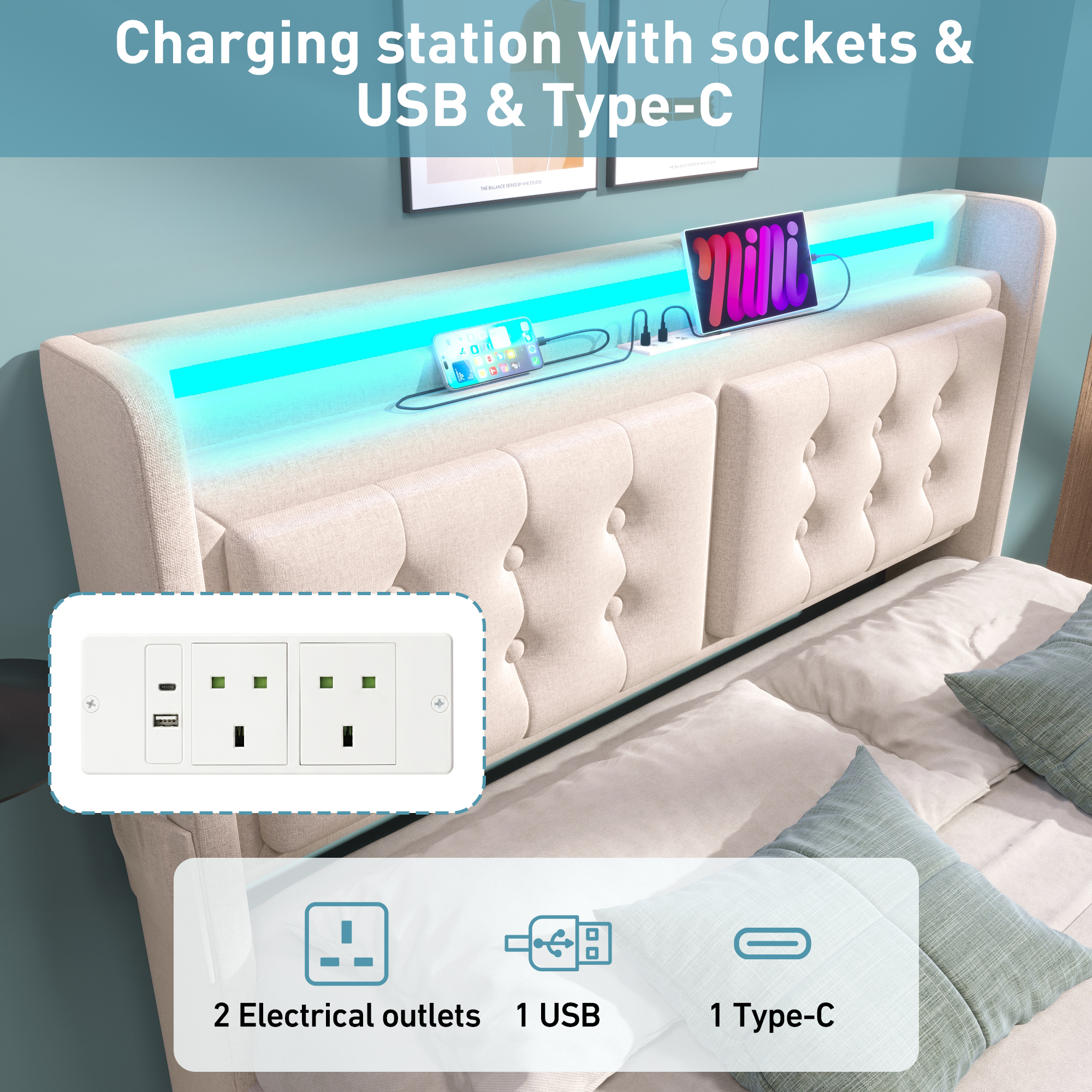 Upholstered Double Bed, 4FT6 Hydraulic With LED Lighting, USB Type-C Charging — image 4