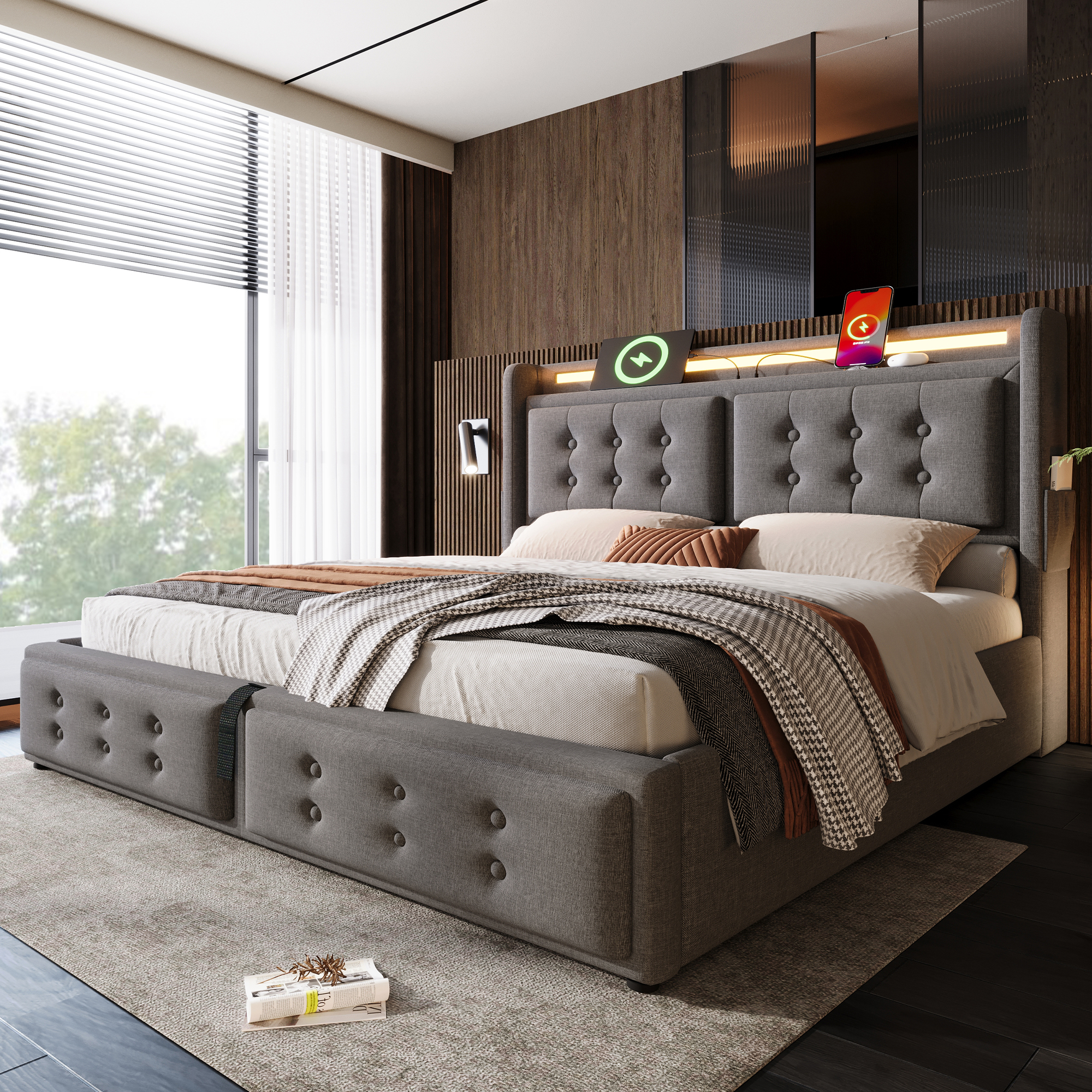 Upholstered King Bed, 5FT Hydraulic Bed With LED Lighting, USB Type-C Charging, Headboard For Cellphones & Tablets, 150 X 200 Cm, Linen, Grey  No Mattress