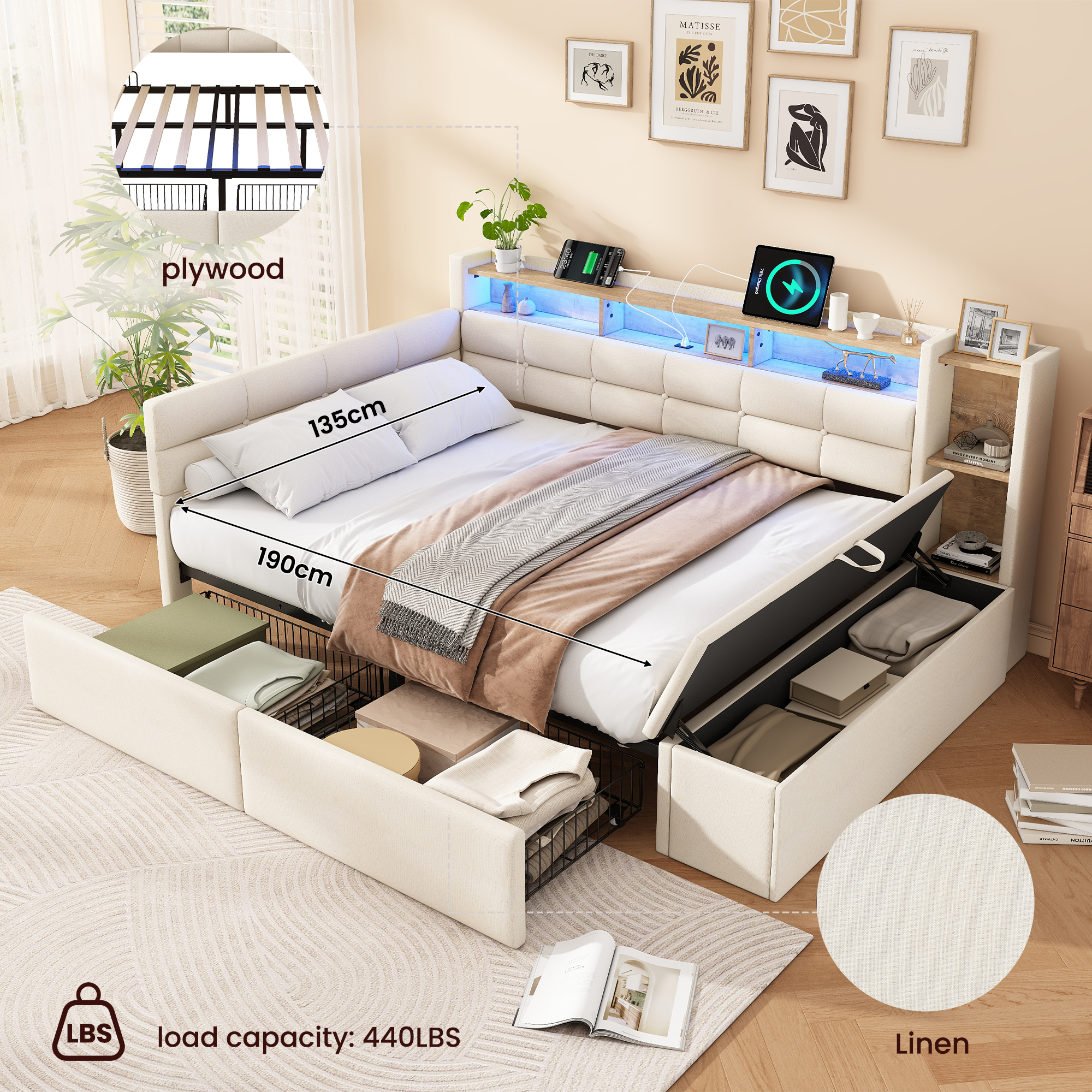 Upholstered Bed, 4ft6 Double 135x190cm, With Side Rails On The Two Comfortable — image 4