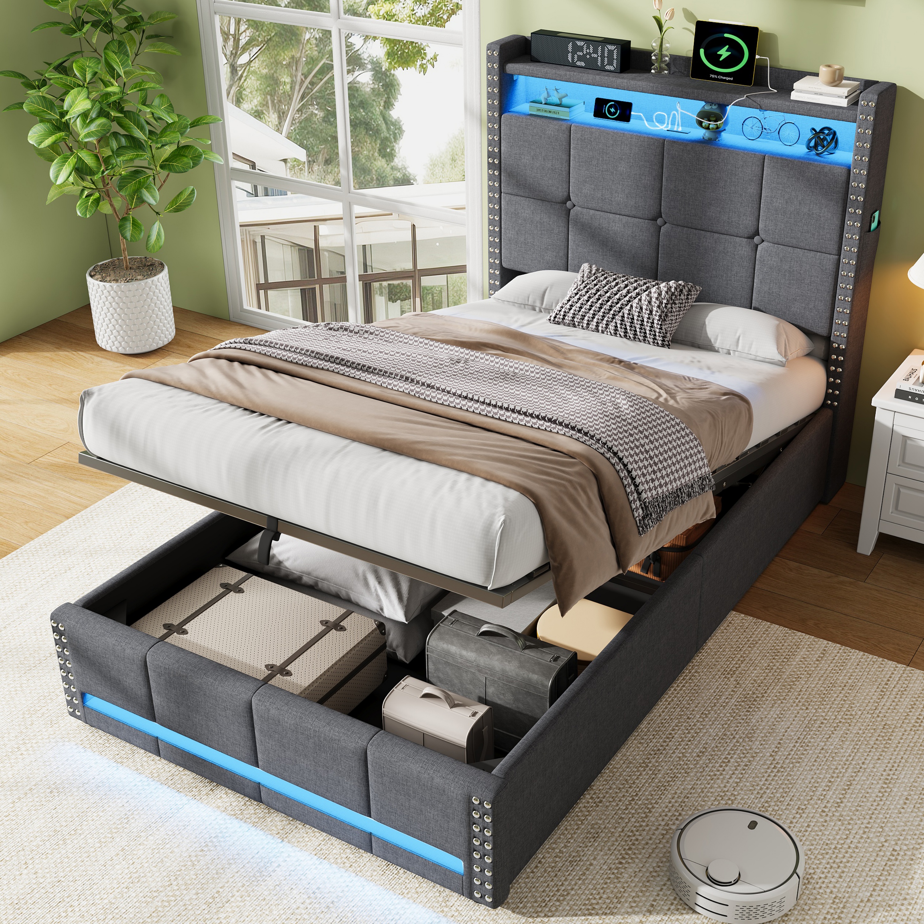3ft Single Upholstered Bed With Hydraulic Storage, LED Rivet Charging Station — image 2