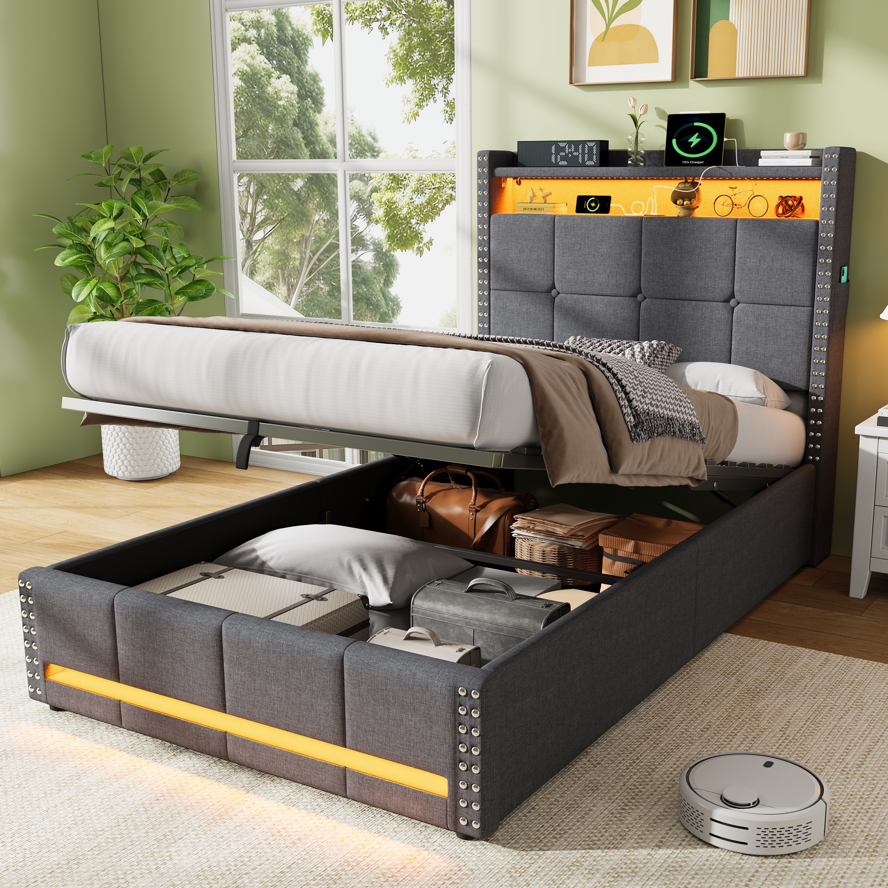 3ft Single Upholstered Bed With Hydraulic Storage, LED Rivet Charging Station — image 5