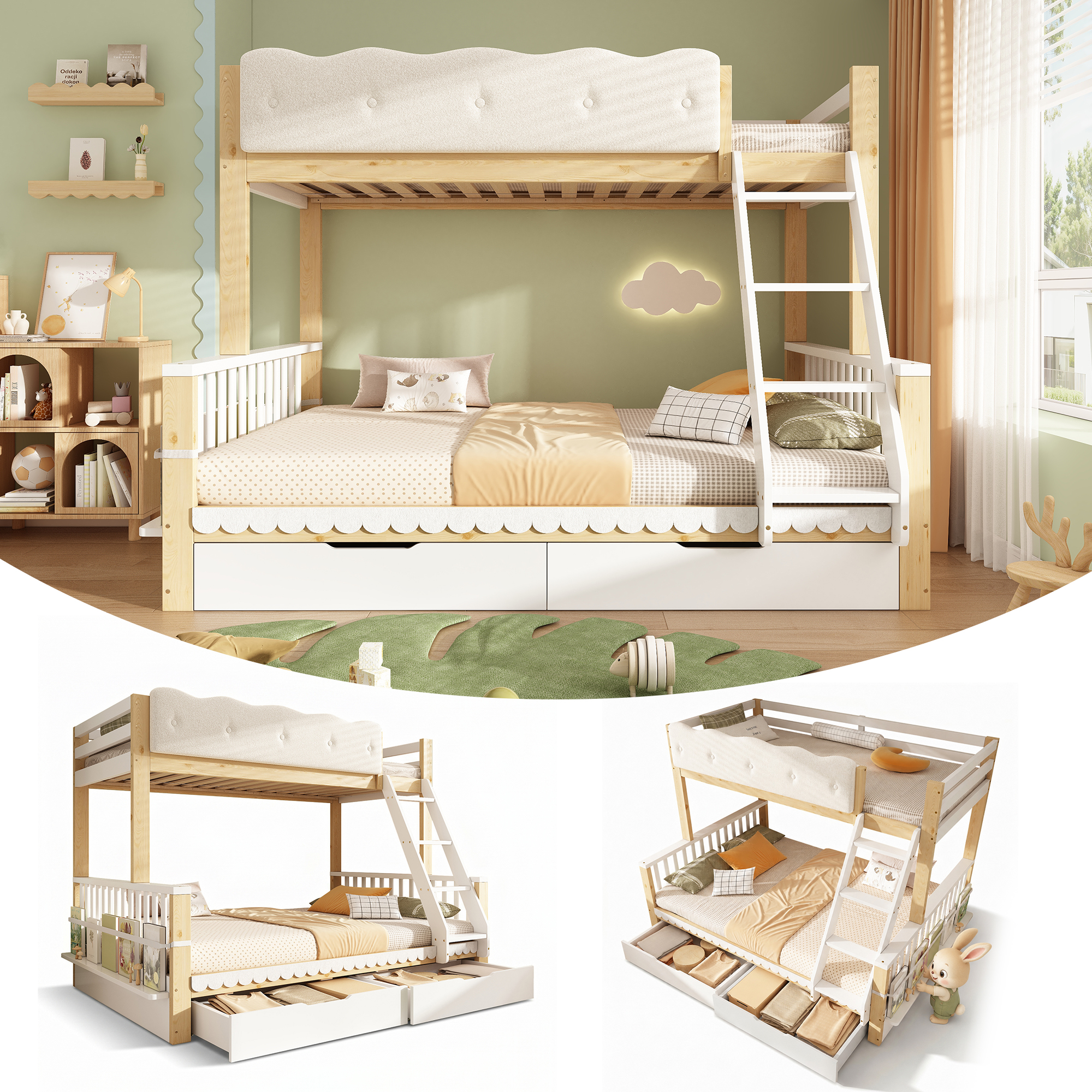 Bunk Beds For Kids, Children's Bed With Drawers And Side Bookshelf, Double
