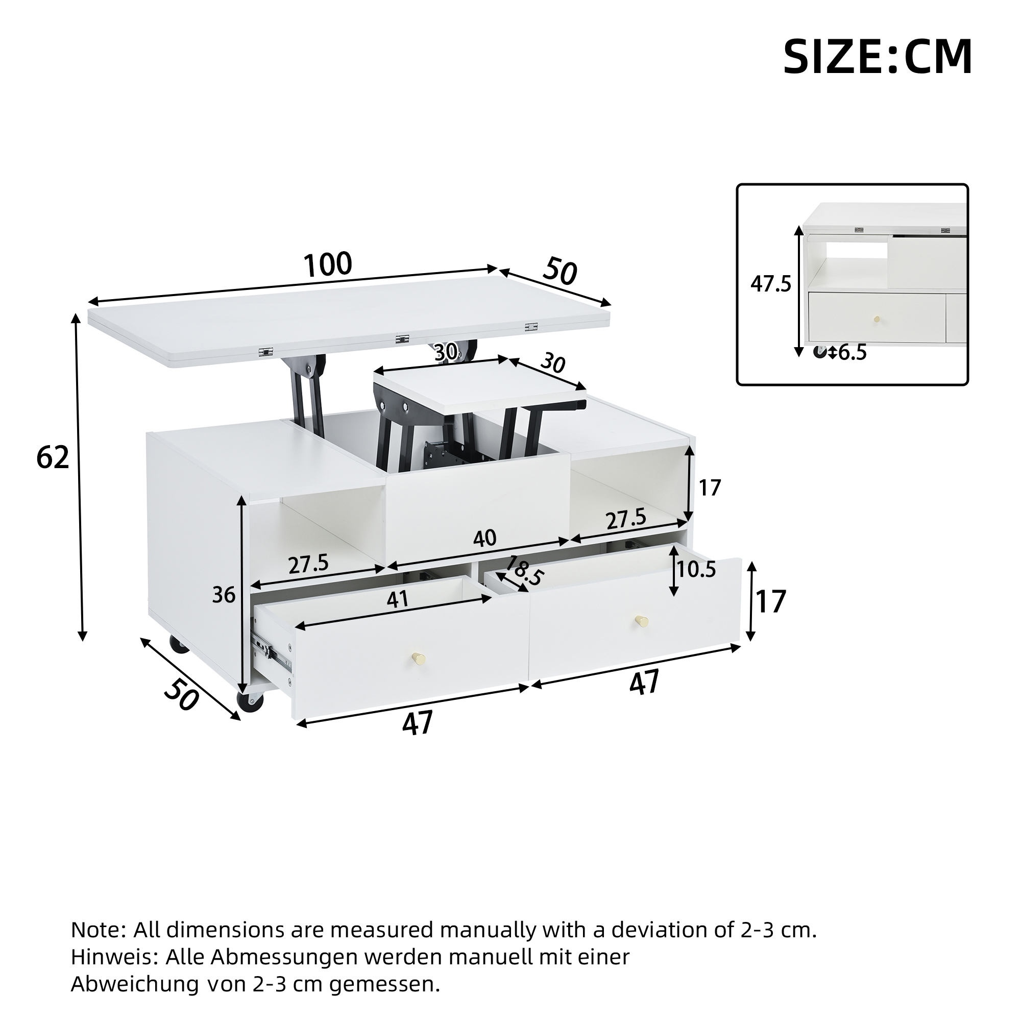Lift-Top Coffee Table With Wheels, Centre 4 Drawers 2 Lifting Platforms — image 5