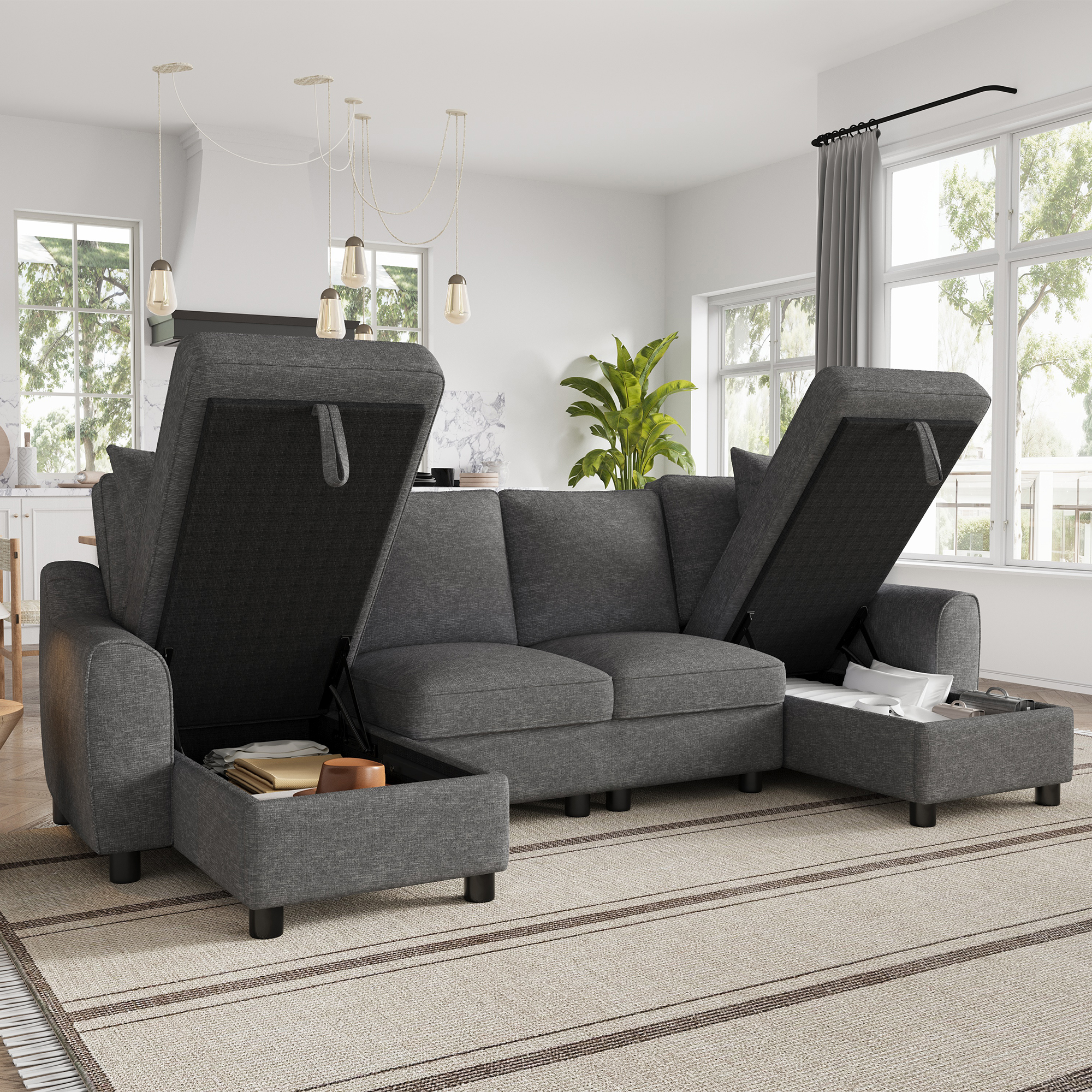Modern Luxury Chenille U-Shaped Sectional Sofa With 2 Storage Chaise Lounges, 2 Square Cushions, Comfy Couch For Living Room, Grey, 272 X 131.5 X 84 Cm — foto 5