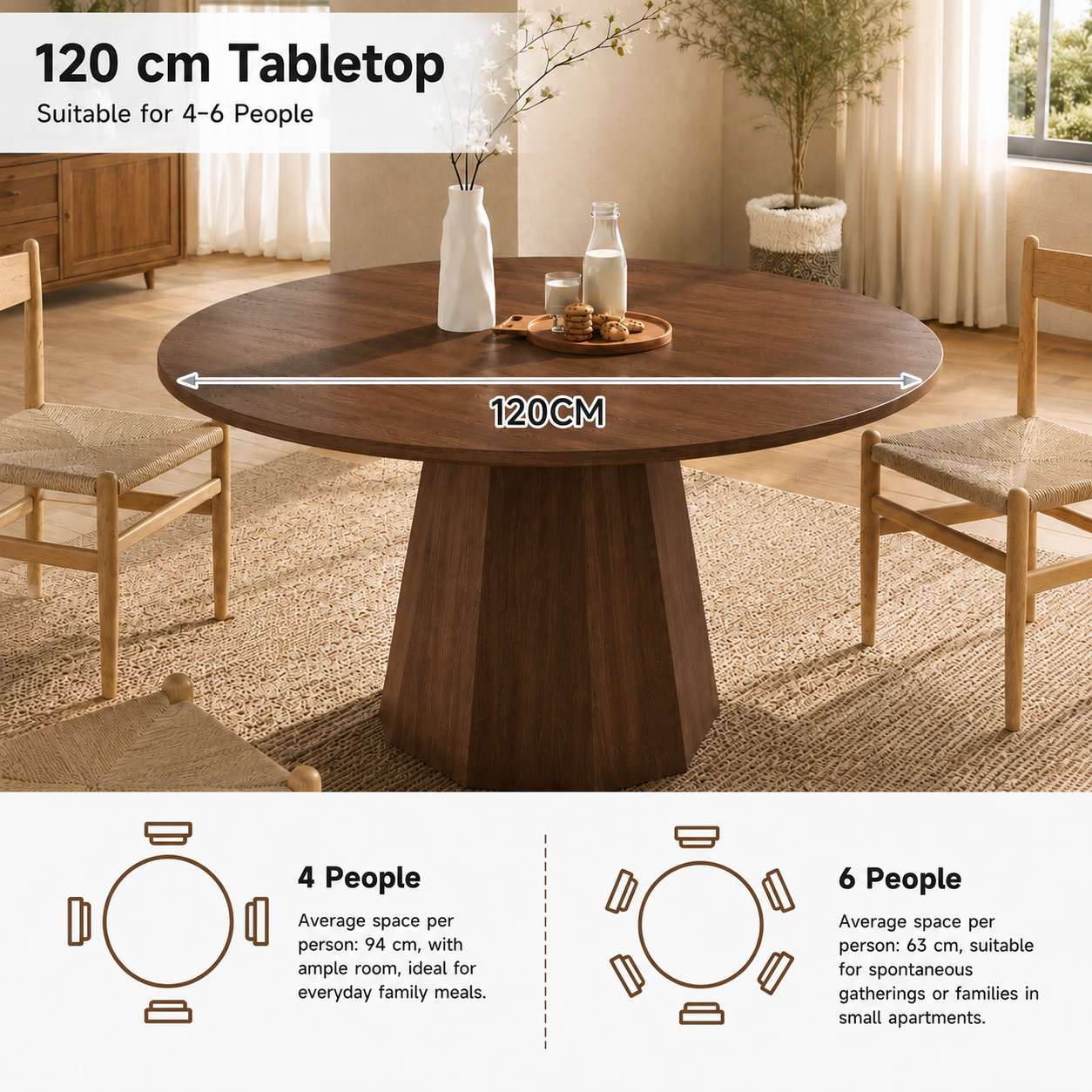 47 Round Dining Table For 4-6, 120 X Cm Farmhouse Wood Kitchen Home Room Living — image 2