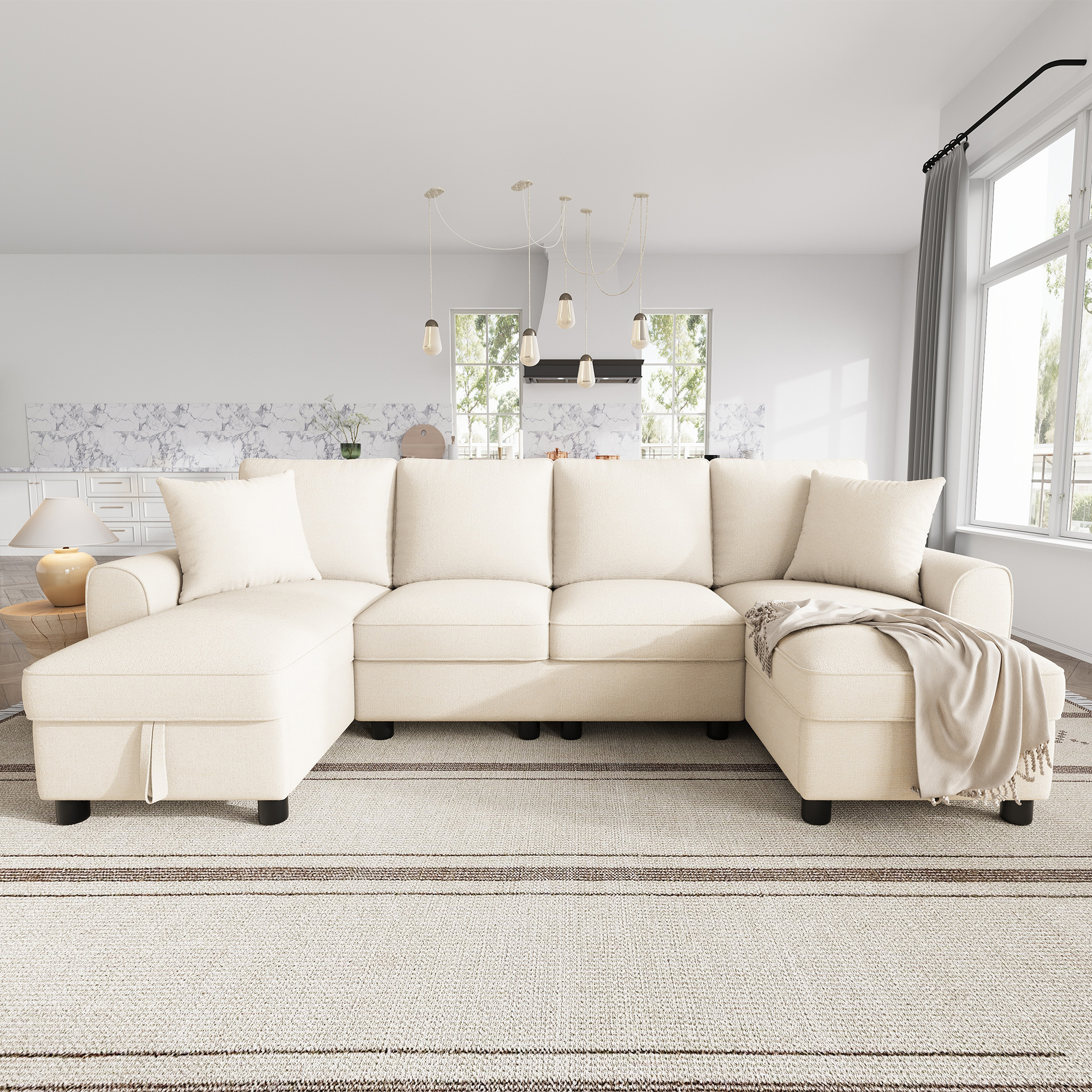 Modern Luxury Chenille U-Shaped Sectional Sofa With 2 Storage Chaise Lounges, 2 Square Cushions, Comfy Couch For Living Room, Beige, 272 X 131.5 X 84 Cm — foto 4