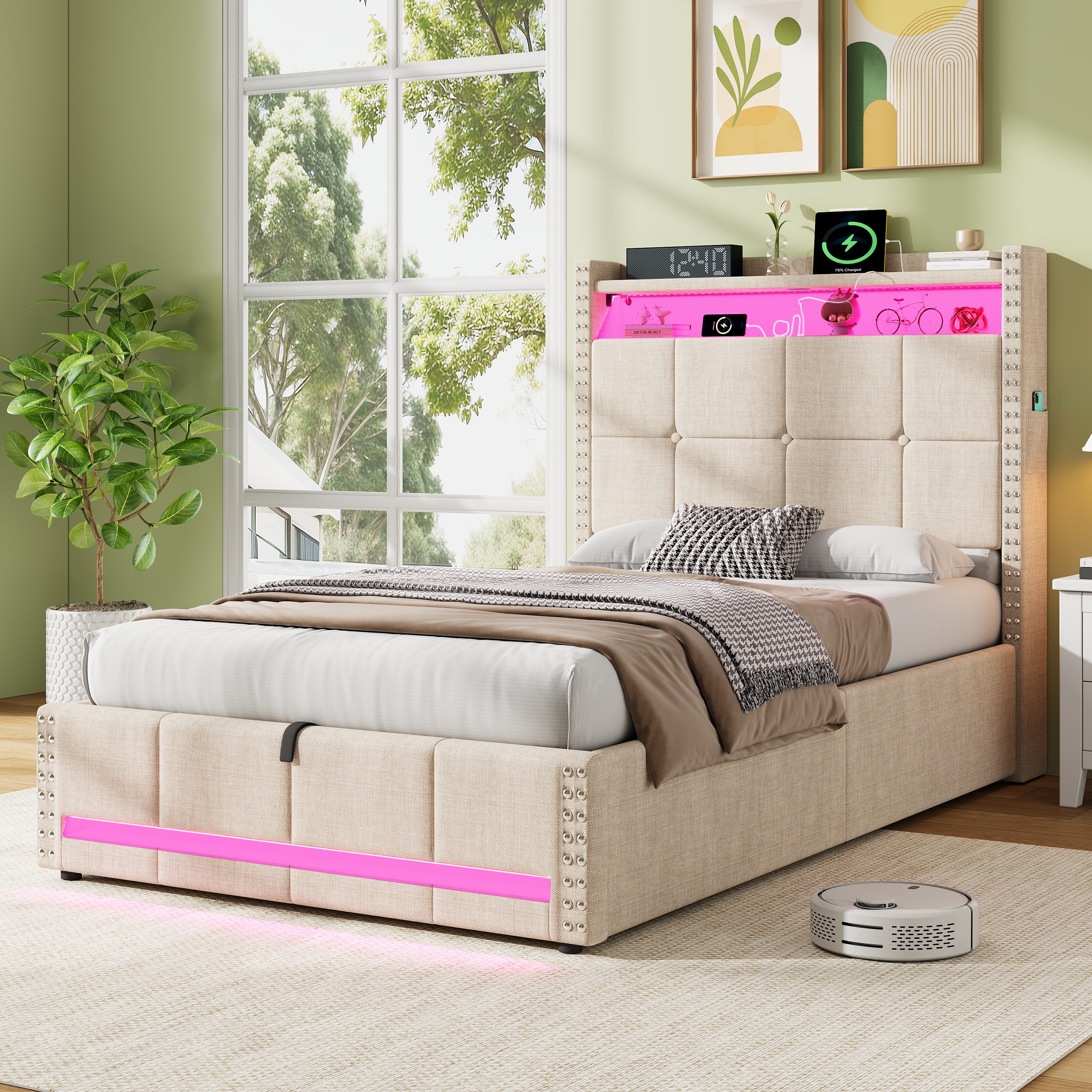 3ft Single Upholstered Bed With Hydraulic Storage, LED Rivet Charging Station — image 3