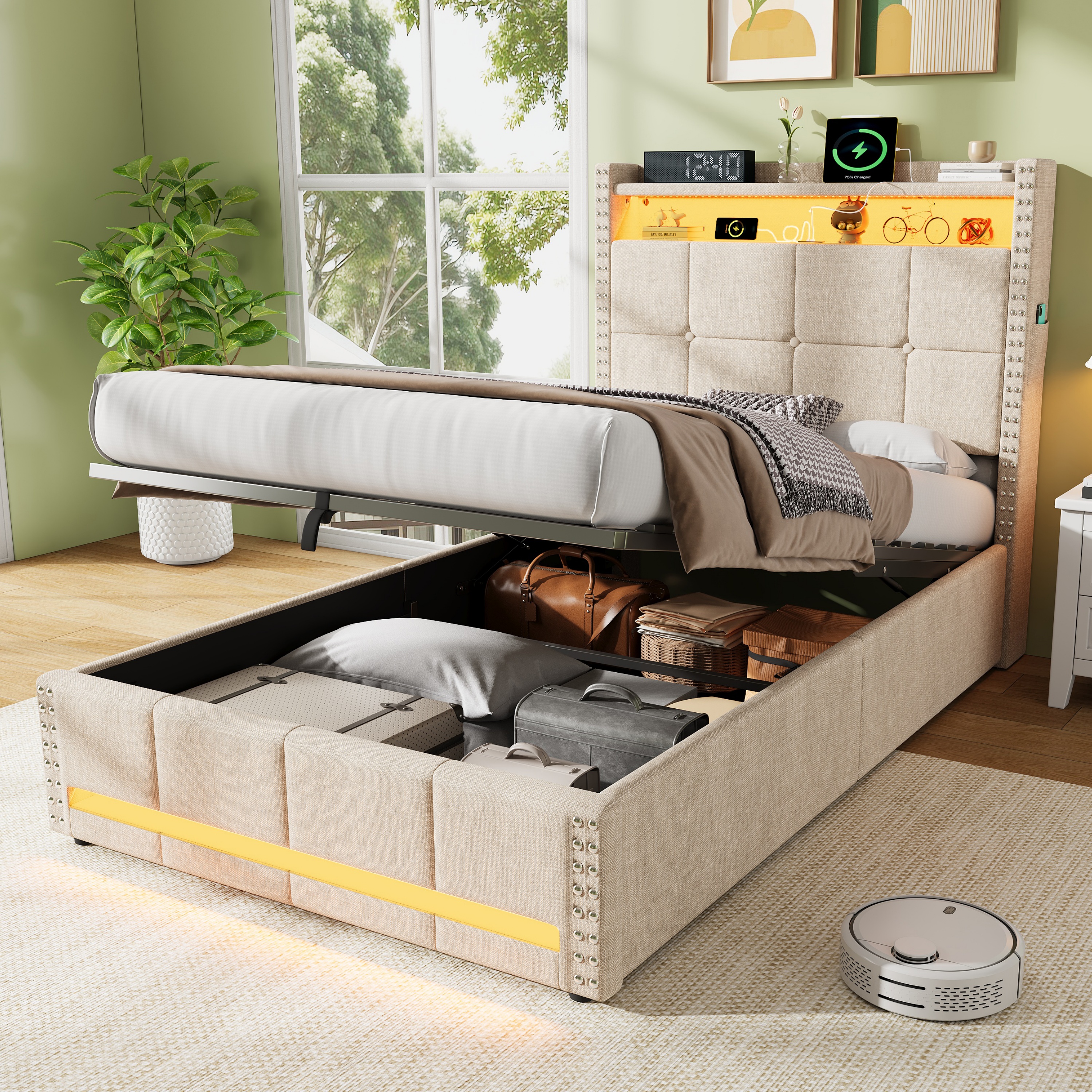 3ft Single Upholstered Bed With Hydraulic Storage, LED Rivet Charging Station — image 2