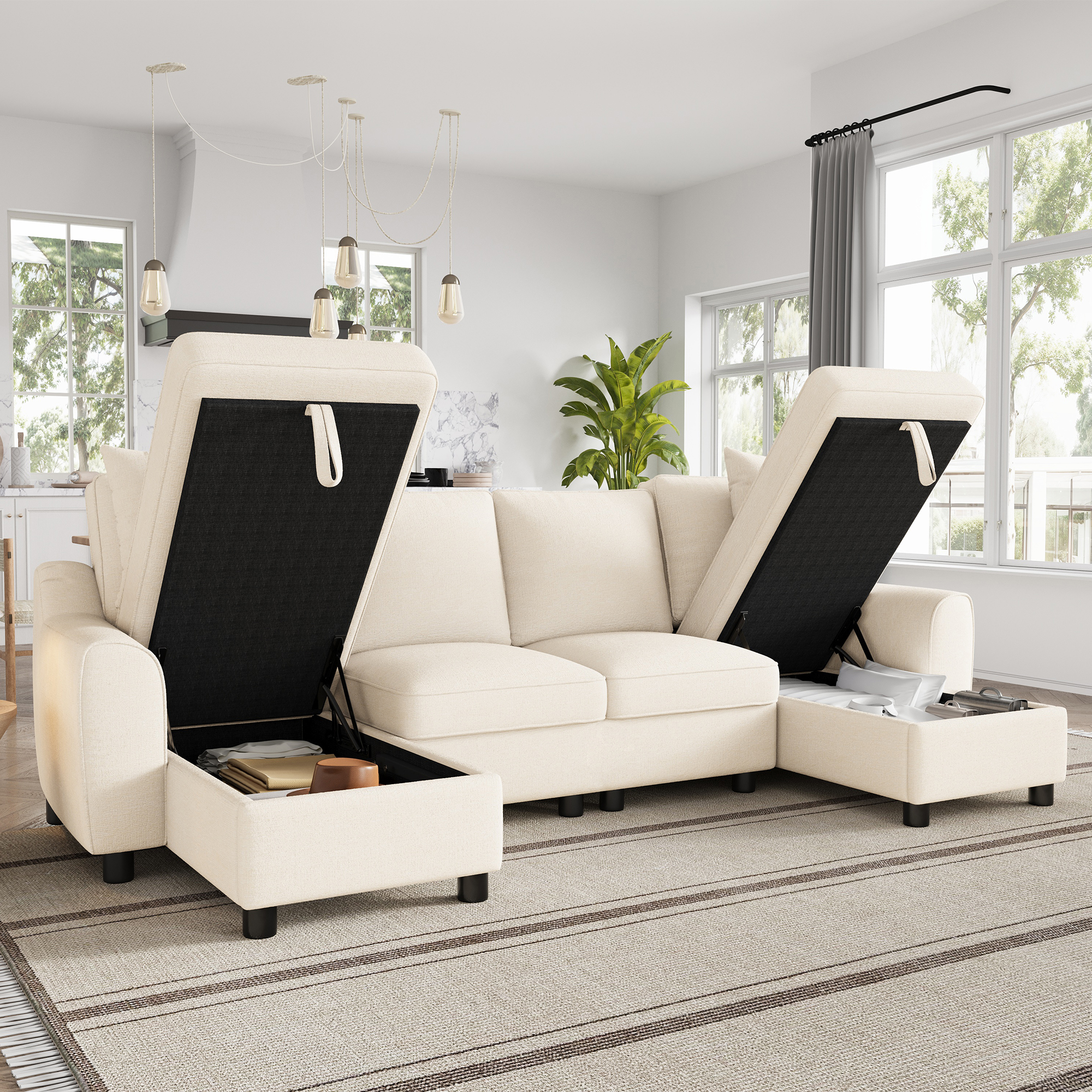 Modern Luxury Chenille U-Shaped Sectional Sofa With 2 Storage Chaise Lounges, 2 Square Cushions, Comfy Couch For Living Room, Beige, 272 X 131.5 X 84 Cm — foto 5