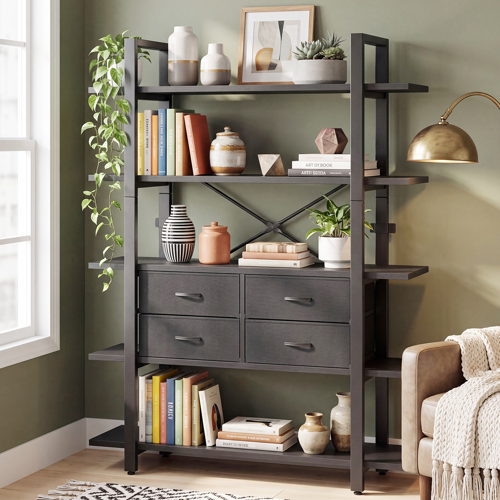 5 Tier Tall Bookshelf Metal Wooden Industrial
